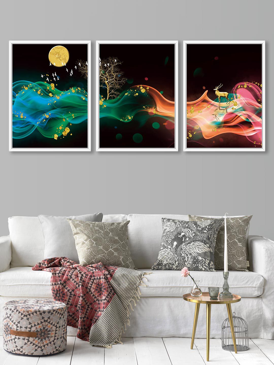 Art Street Set Of 3 Black & Green Abstract Theme Canvas Painting Framed Wall Arts Price in India