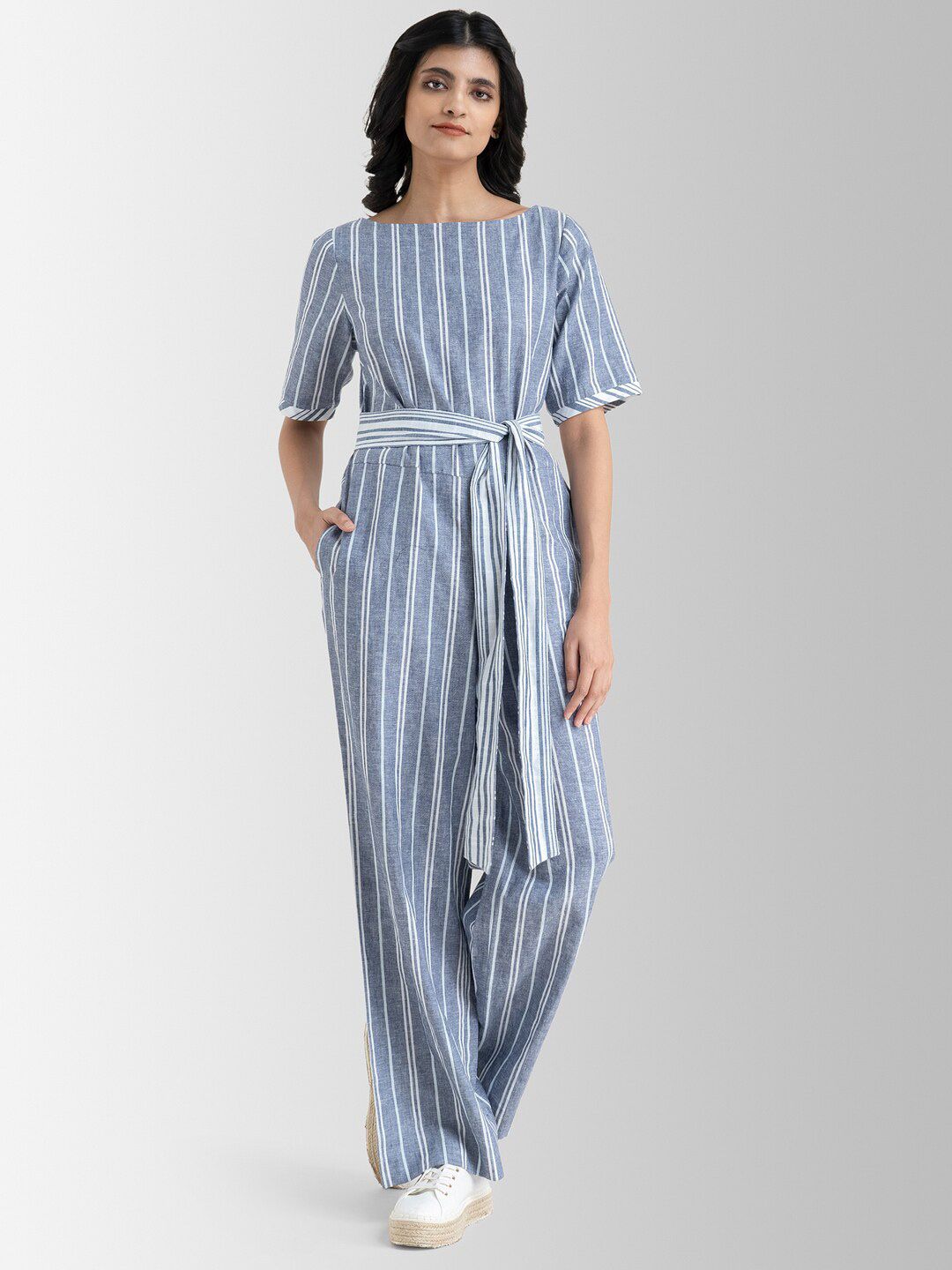 Marigold by FableStreet Blue & White Striped Basic Jumpsuit Price in India