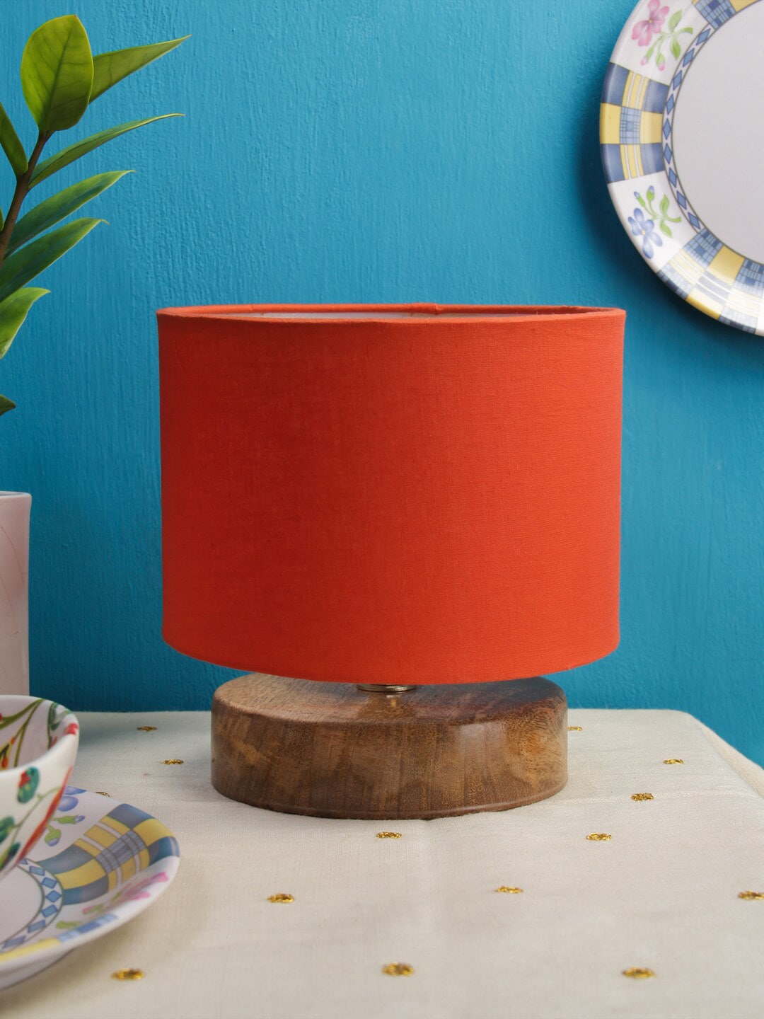 Devansh Orange Cotton Shade Table Lamp with Wood Base Price in India