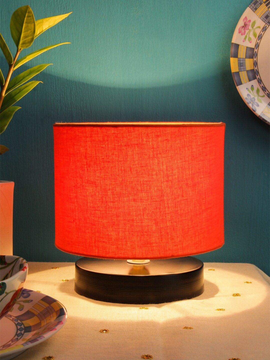 Devansh Orange Solid Cotton Shade Table Lamp Price in India