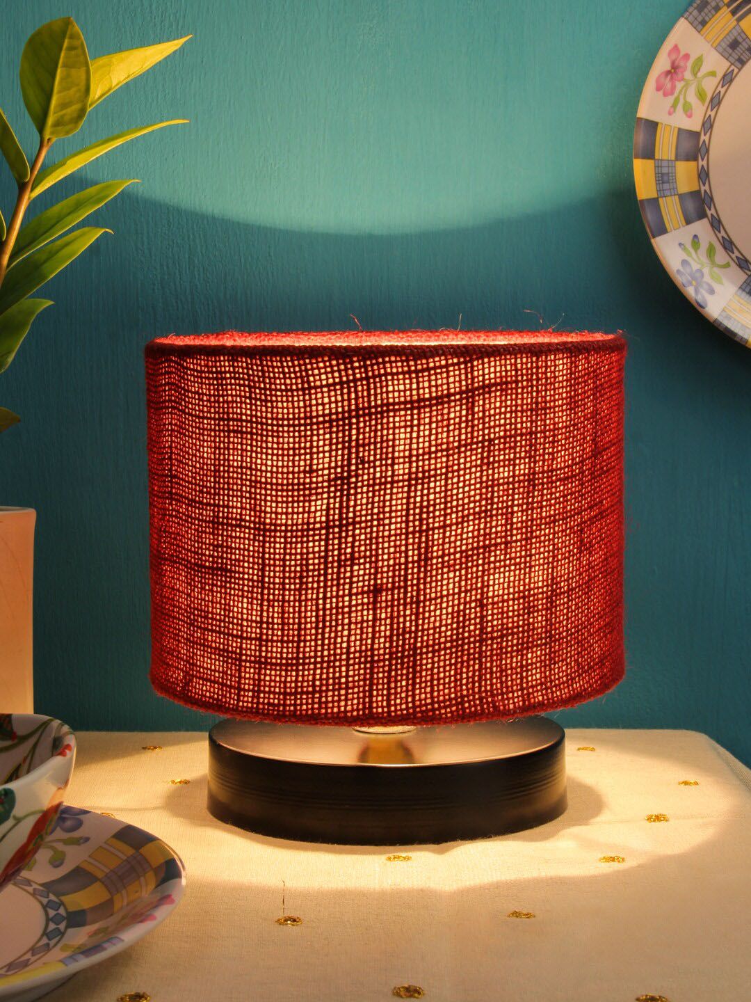 Devansh Maroon & Black Table Lamp with Shade Price in India