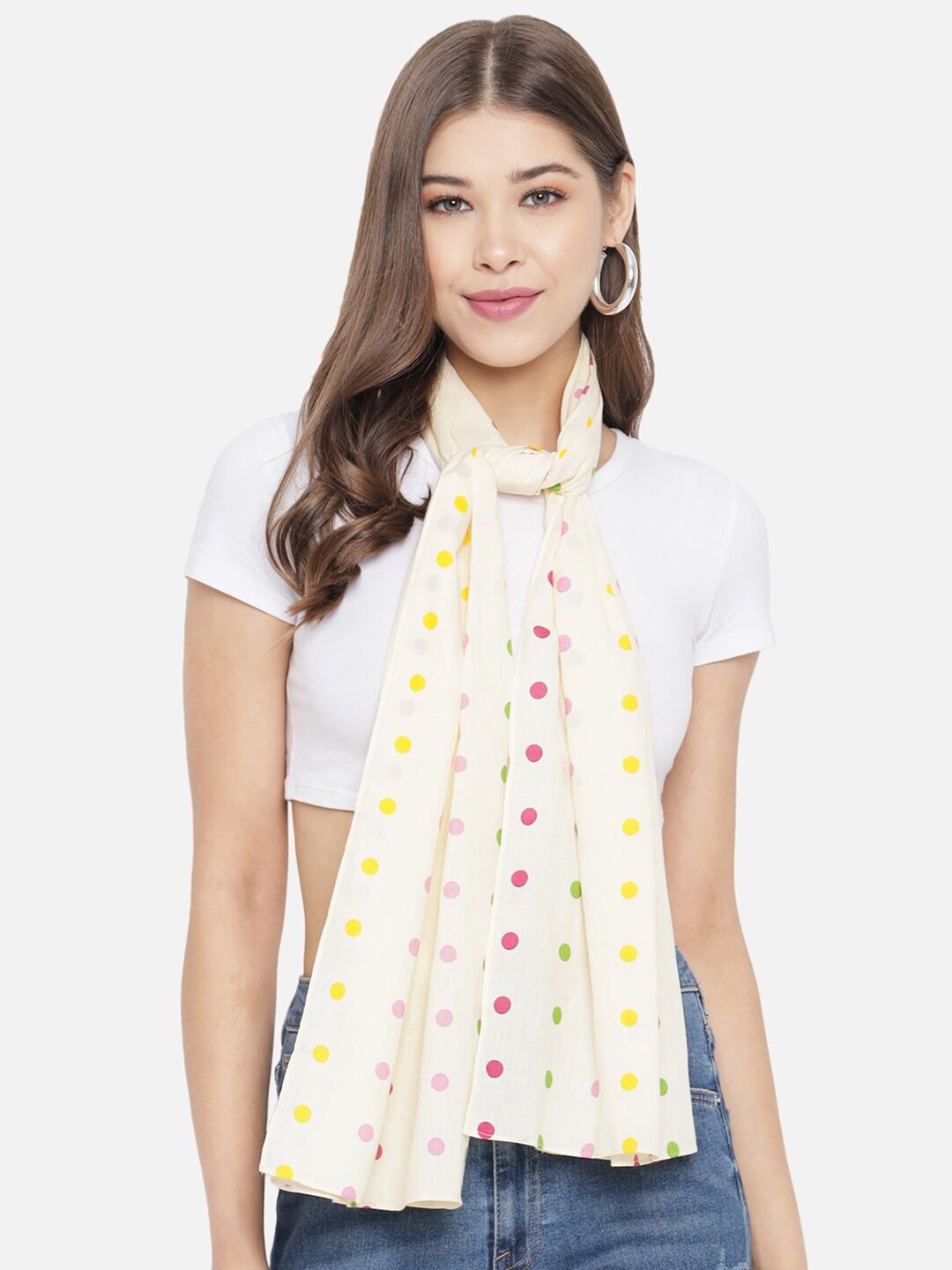 Trend Arrest Women Cream-Coloured & Green Polka Dot Printed Scarf Price in India