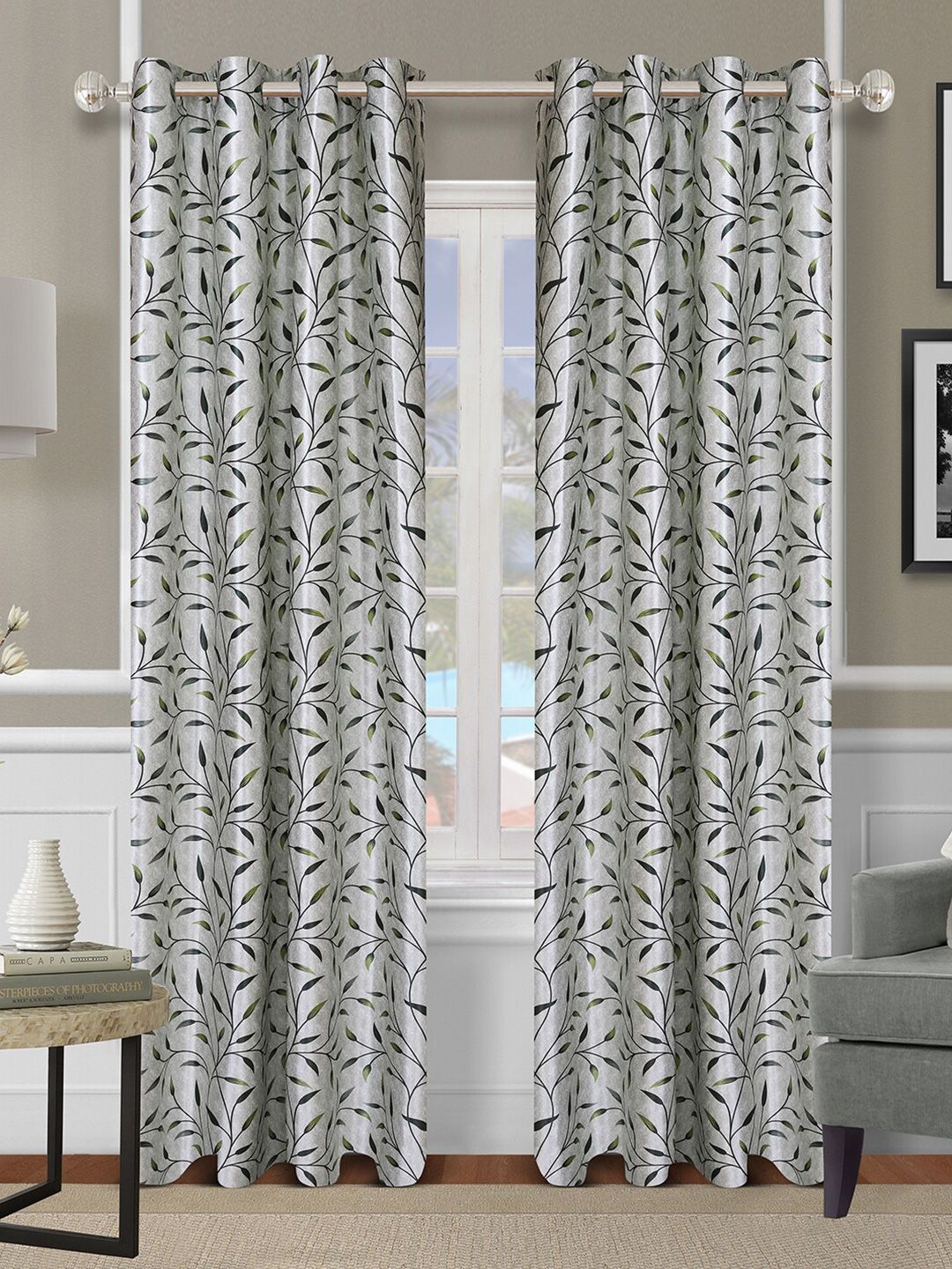 ROMEE Set Of 2 Grey & Green Floral Room Darkening Long Door Curtain Price in India