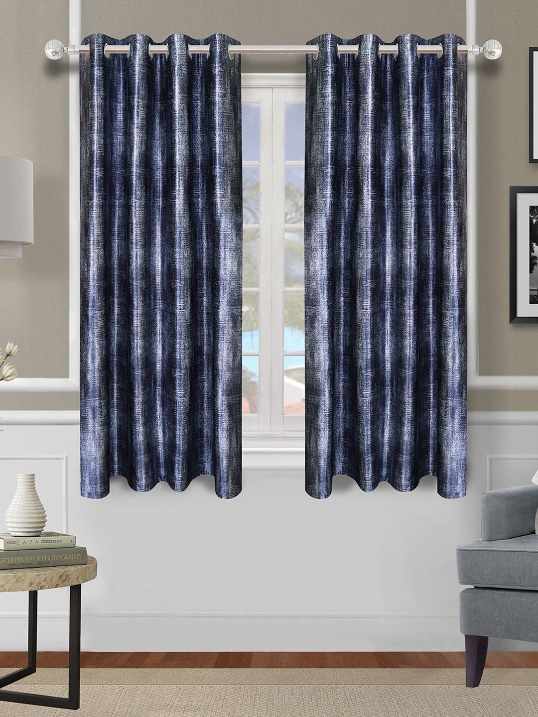 ROMEE Set Of 2 Blue & White Printed Room Darkening Window Curtain Price in India
