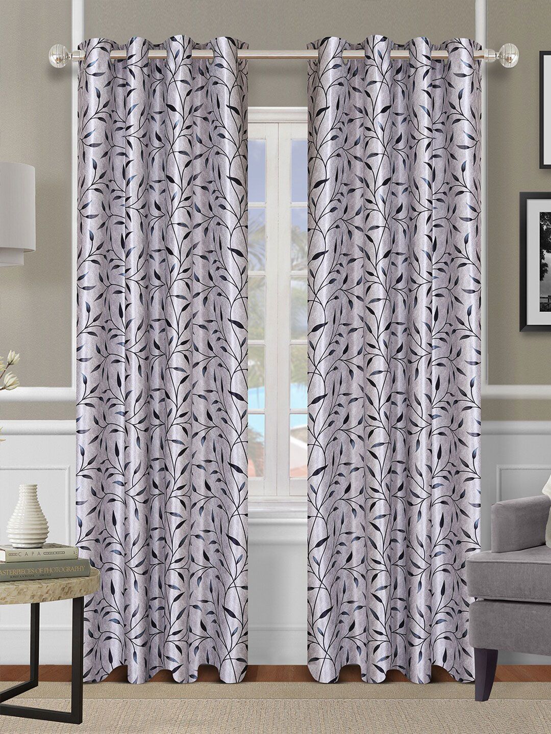 ROMEE Set Of 2 Grey & Blue Floral Room Darkening Long Door Curtain Price in India