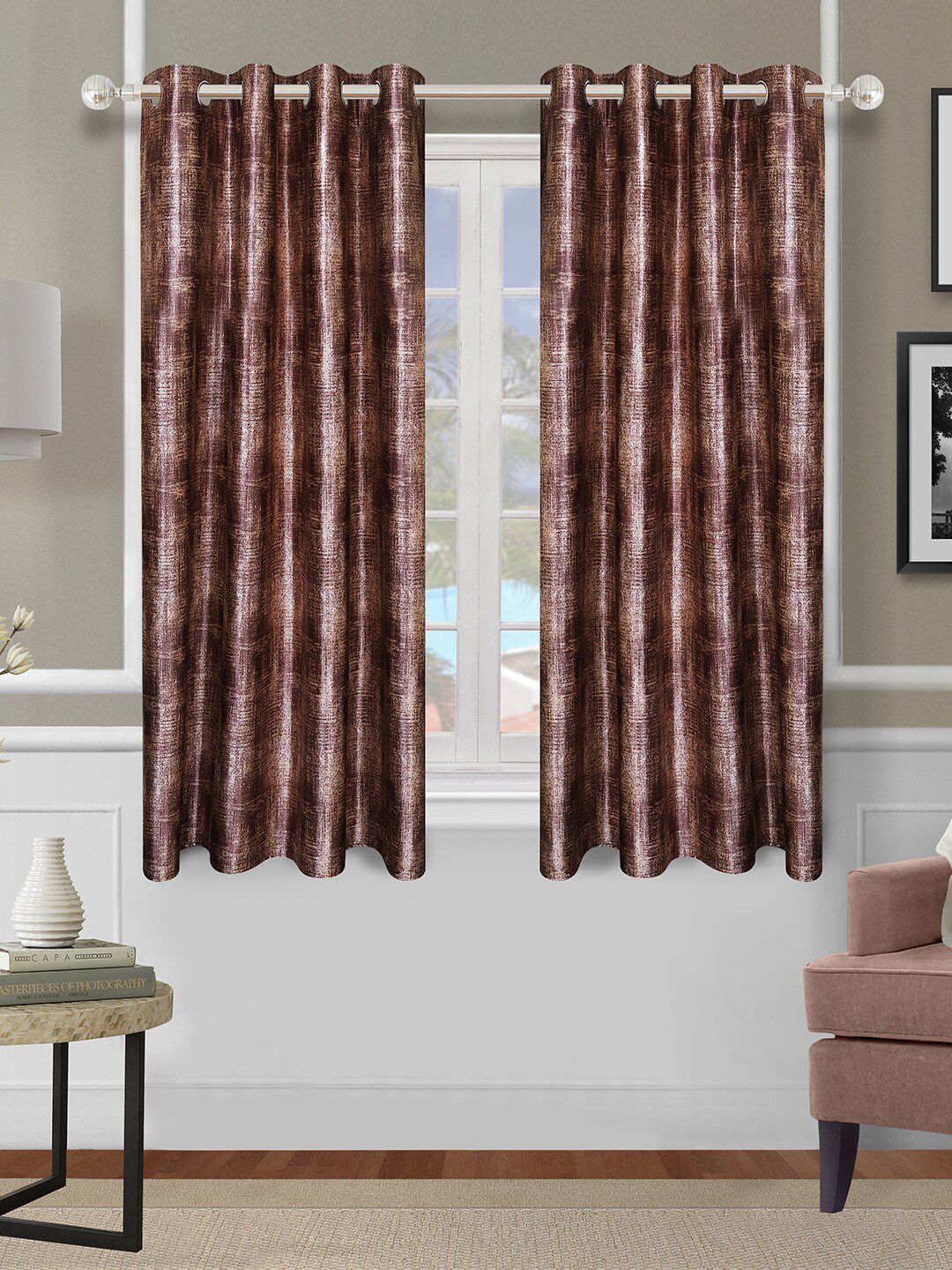 ROMEE Brown Set of 2 Room Darkening Window Curtains Price in India