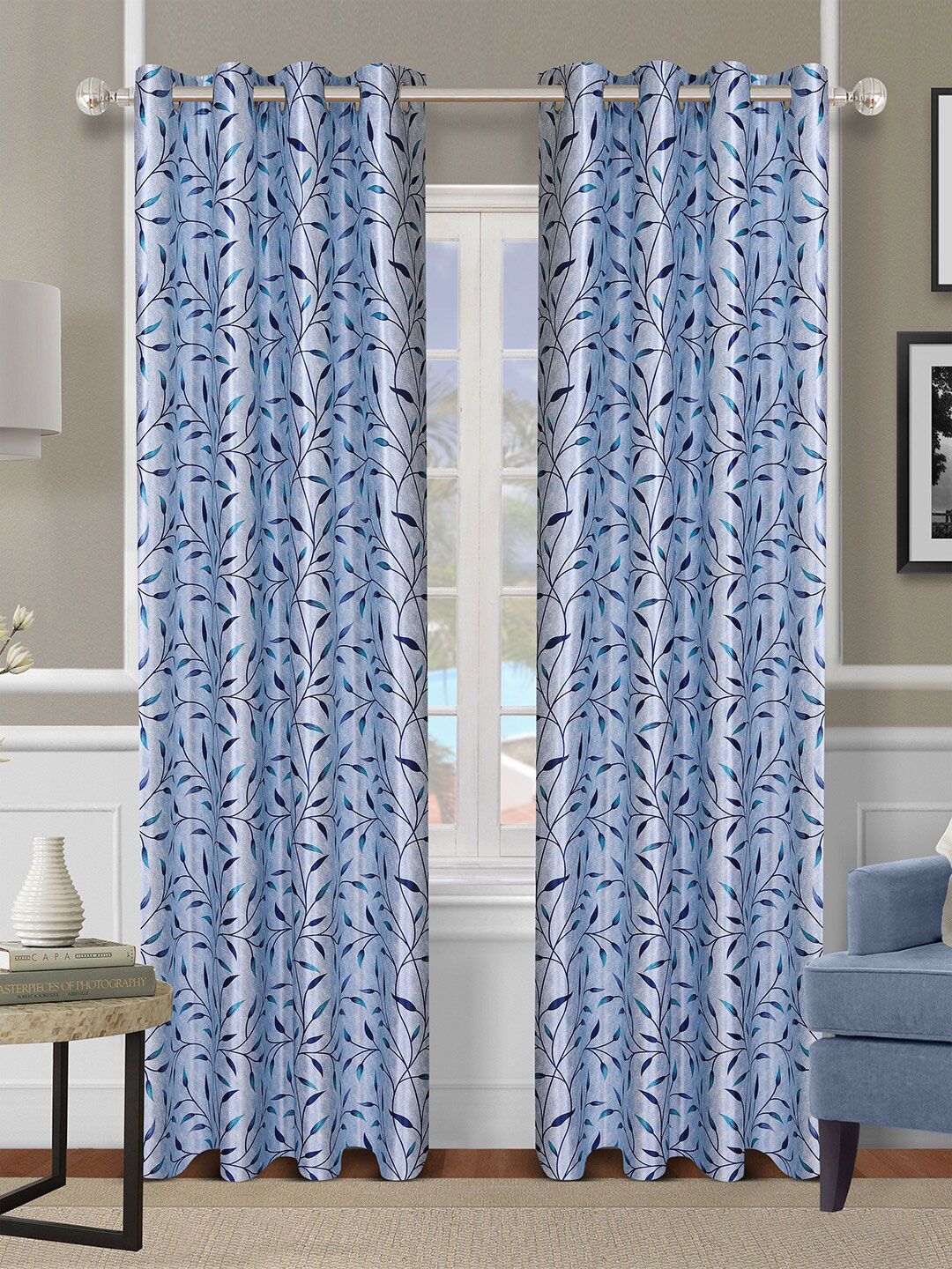 ROMEE Blue Set of 2 Floral Room Darkening Door Curtain Price in India