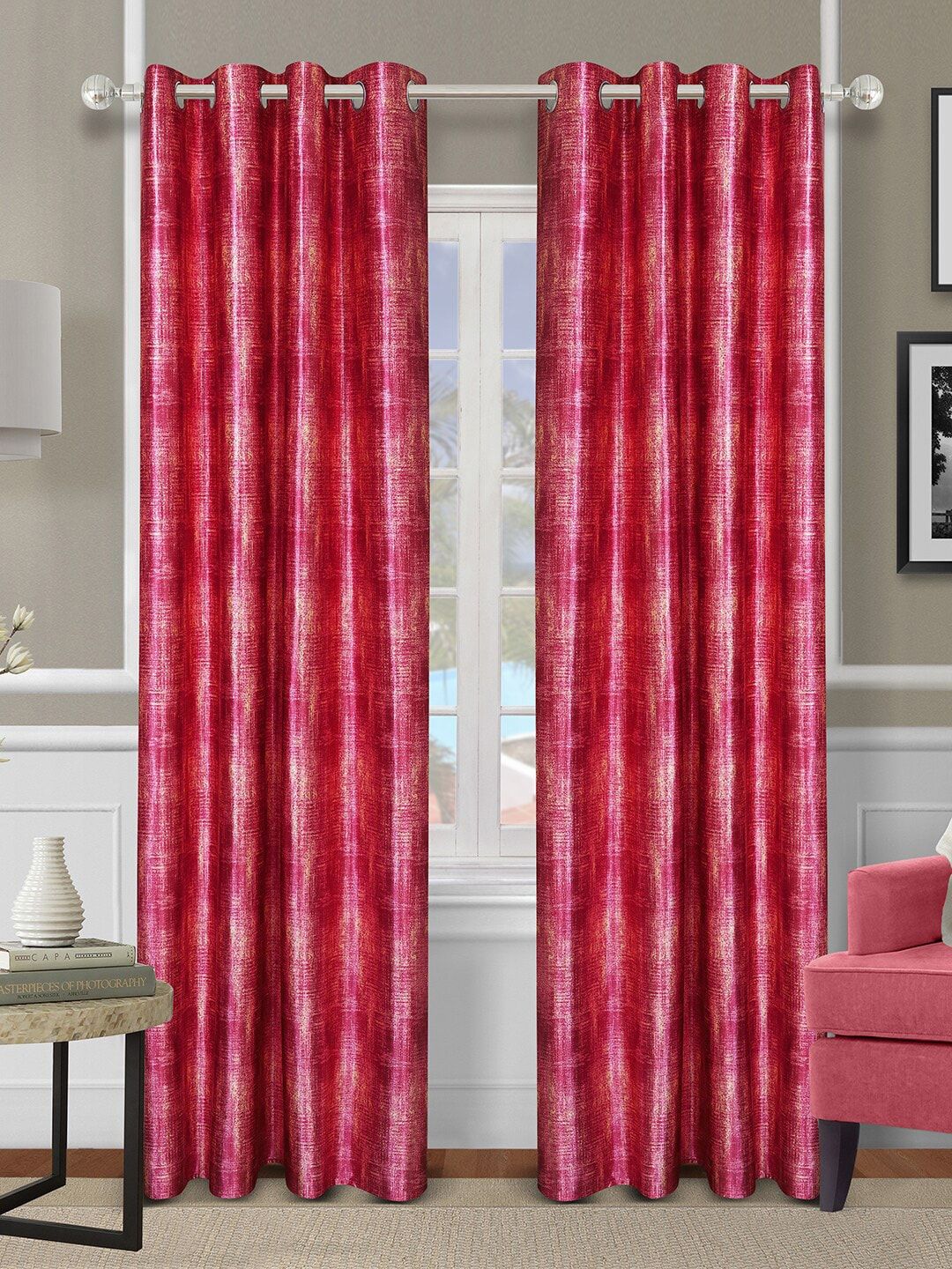 ROMEE Set Of 2 Pink Printed Room Darkening Door Curtain Price in India