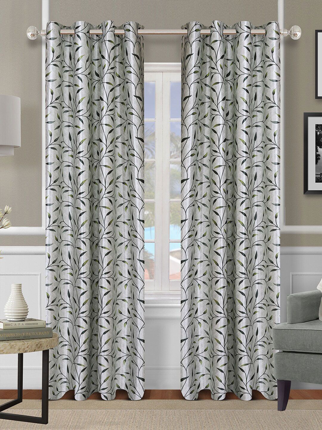 ROMEE Set Of 2 Grey & Green Floral Printed Room Darkening Door Curtain Price in India