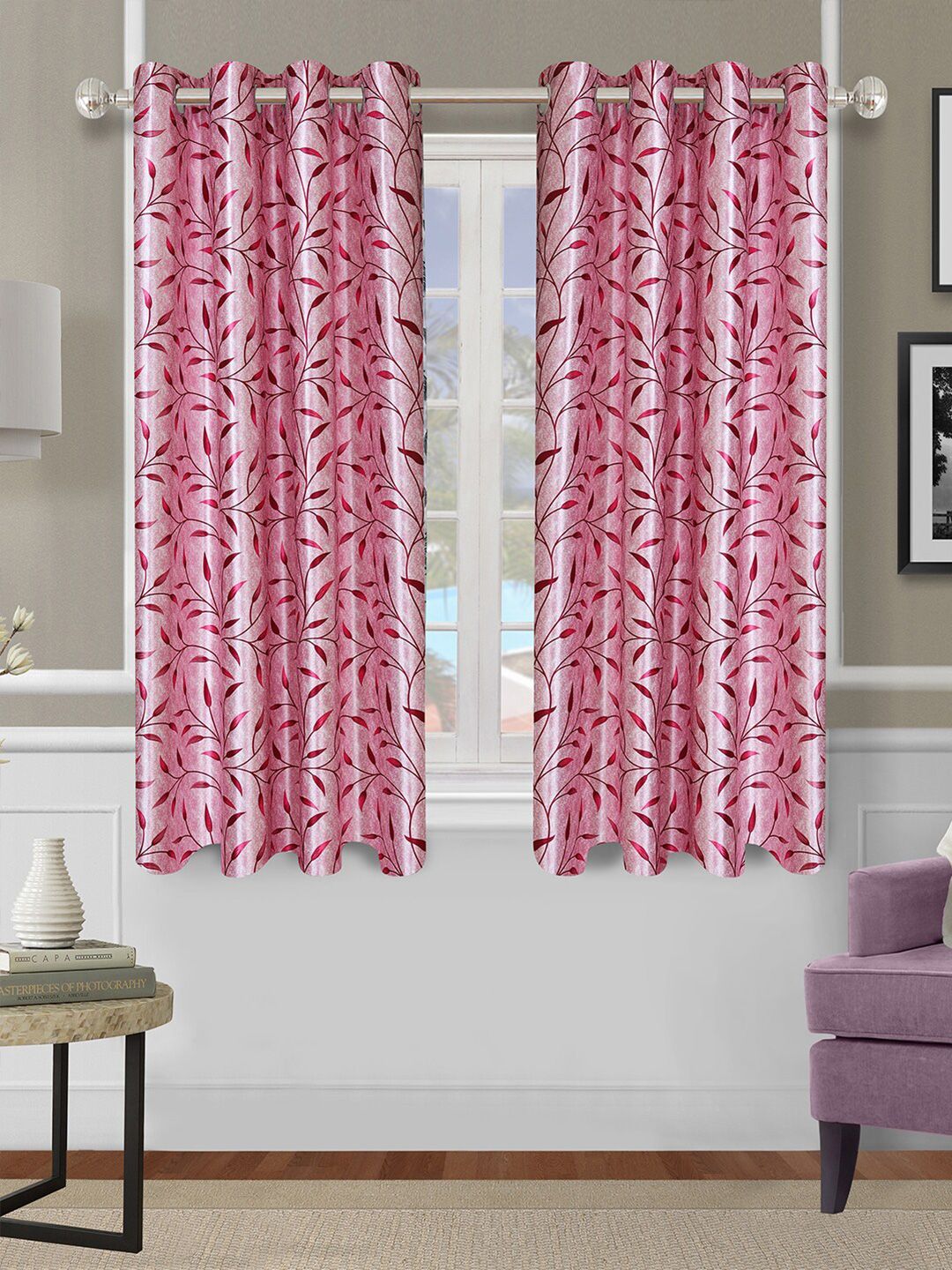 ROMEE Set Of 2 Pink Floral Printed Room Darkening Window Curtain Price in India