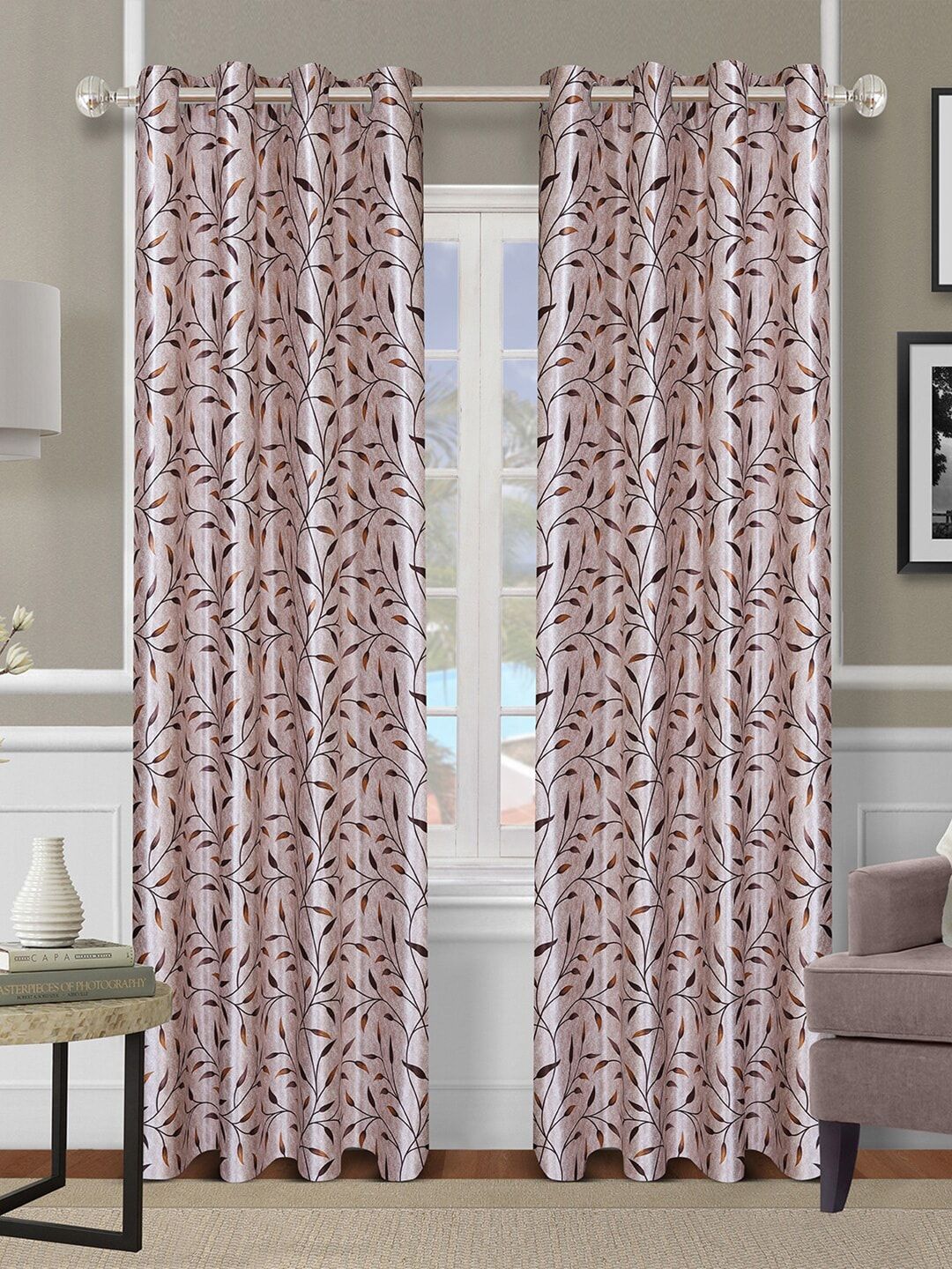 ROMEE Set Of 2 Beige Floral Printed Room Darkening Long Door Curtain Price in India