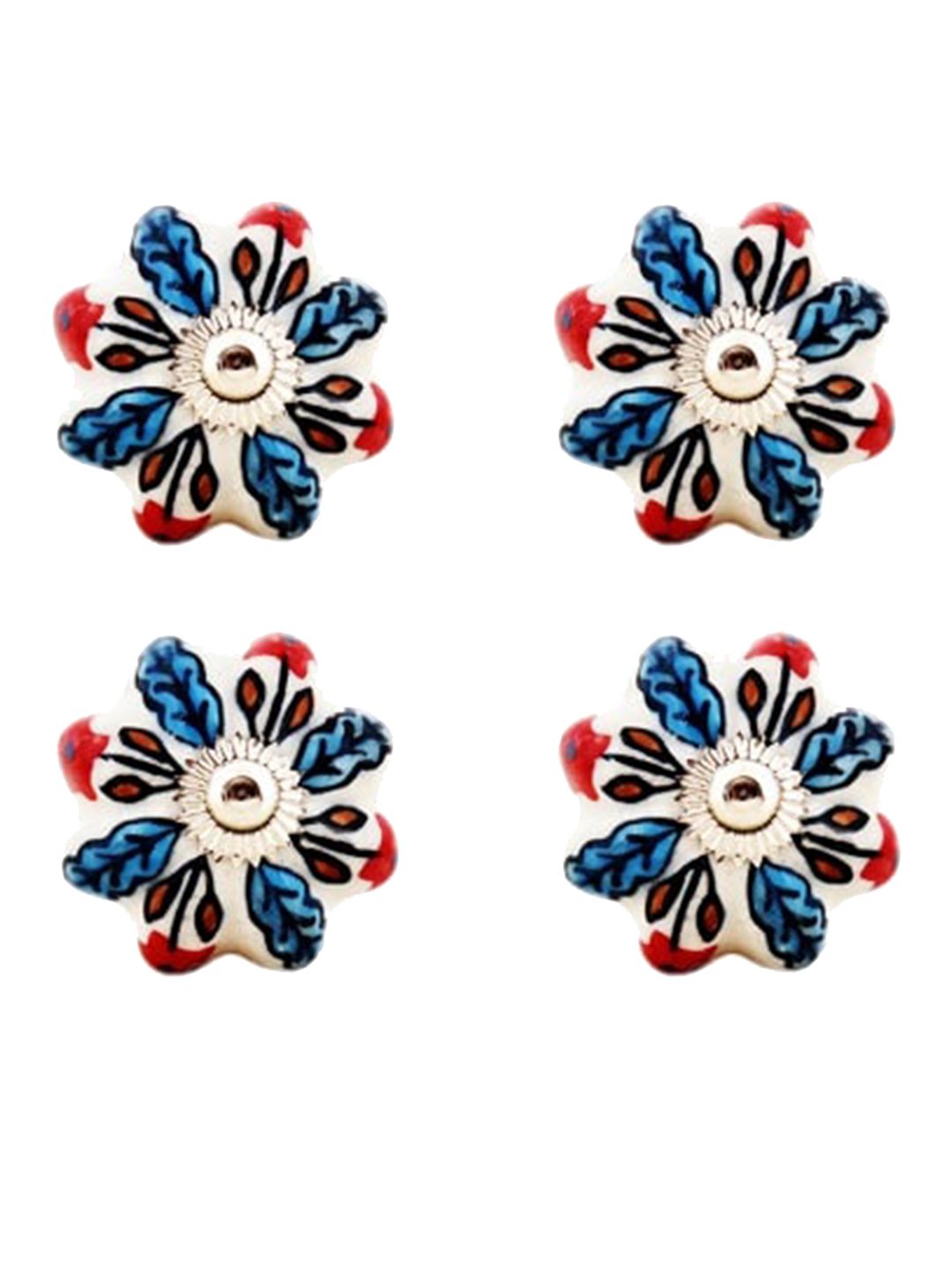 The Decor Mart Set Of 4 White & Blue Printed Ceramic Decorative Knobs