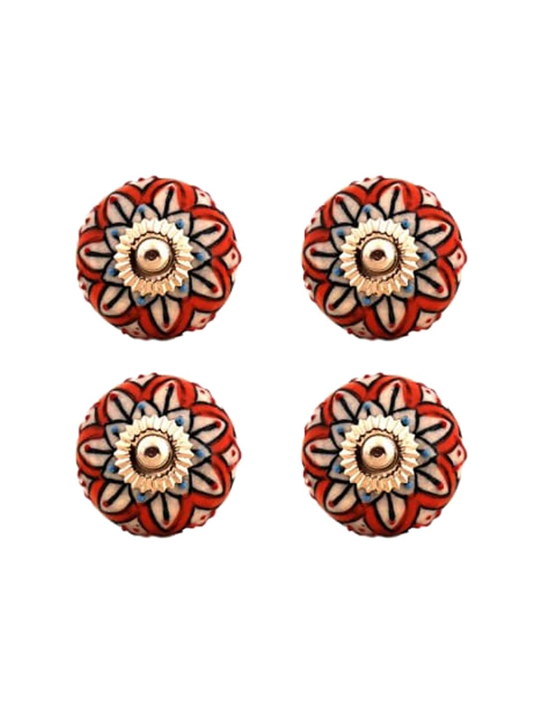 The Decor Mart Set Of 4 Orange Printed Ceramic Decorative Knobs Price in India