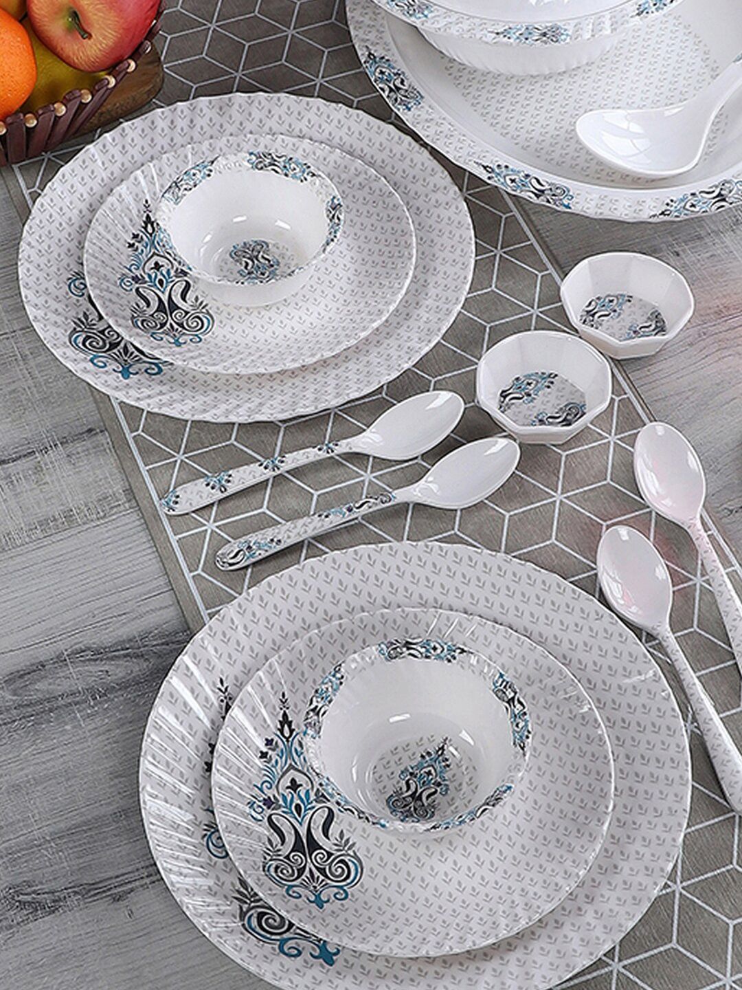 CDI Blue & White 46 Pieces Printed Melamine Glossy Dinner Set Price in India