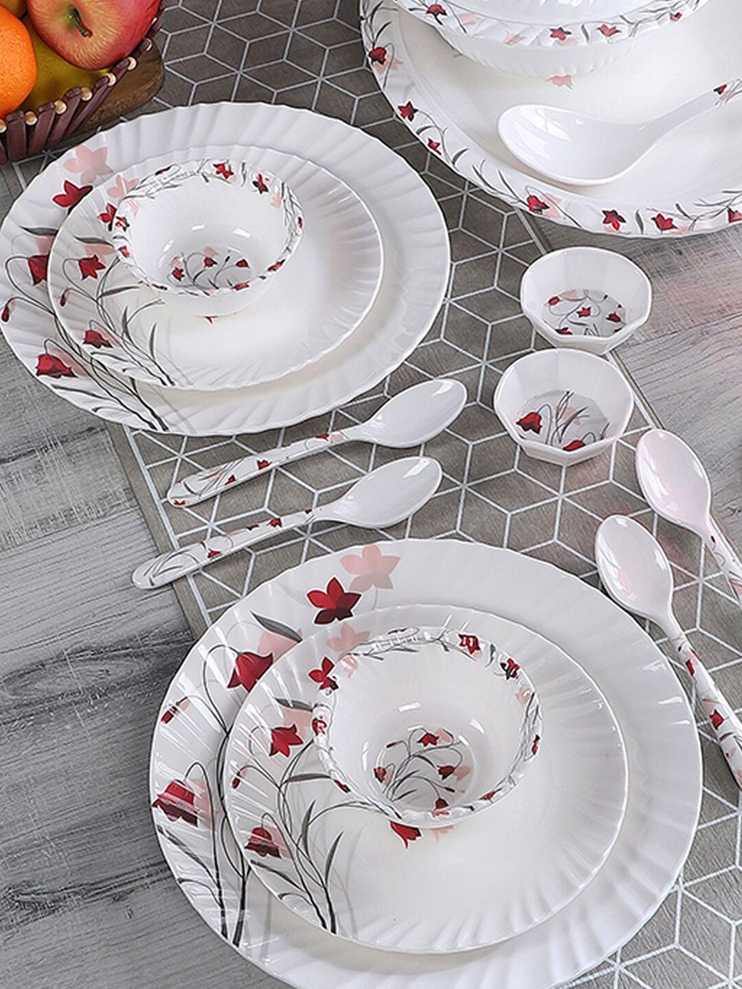 CDI Red & White 46 Pieces Printed Melamine Glossy Dinner Set Price in India