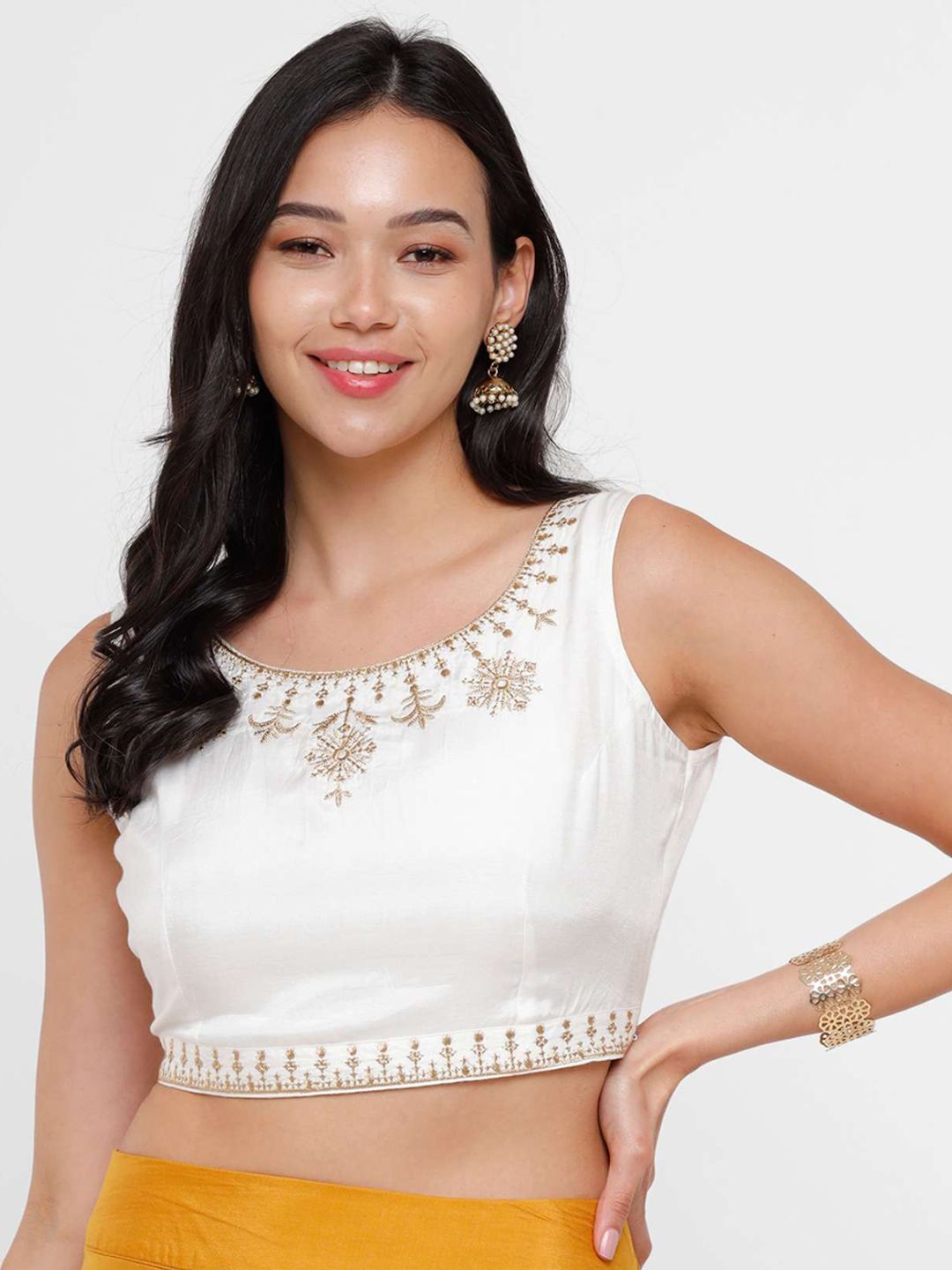 De Moza Women Off White Embroidered Saree Blouse Price in India