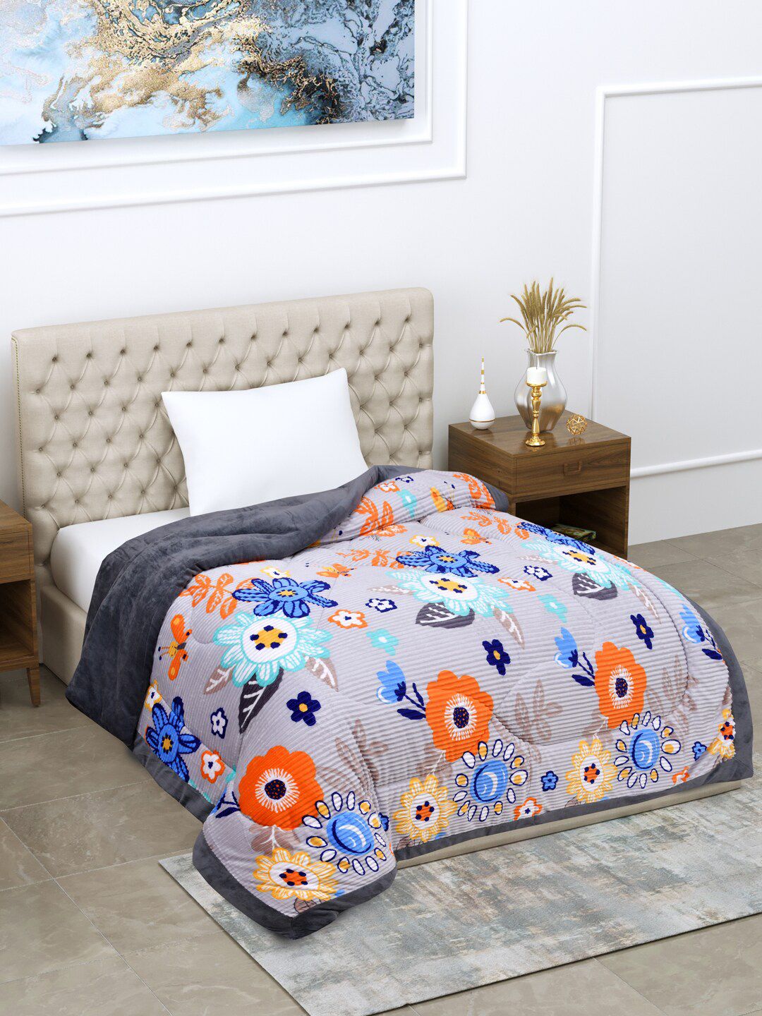 Home Fresh Grey & Orange Floral Heavy Winter Single Bed Comforter Price in India