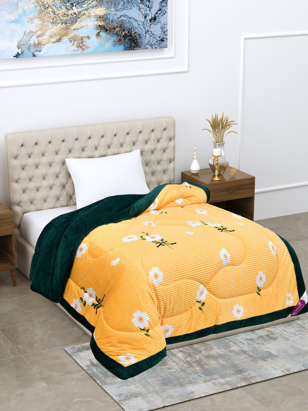 Home Fresh Yellow & Green Floral Printed Heavy Winter 1000 GSM Single Bed Comforter Price in India