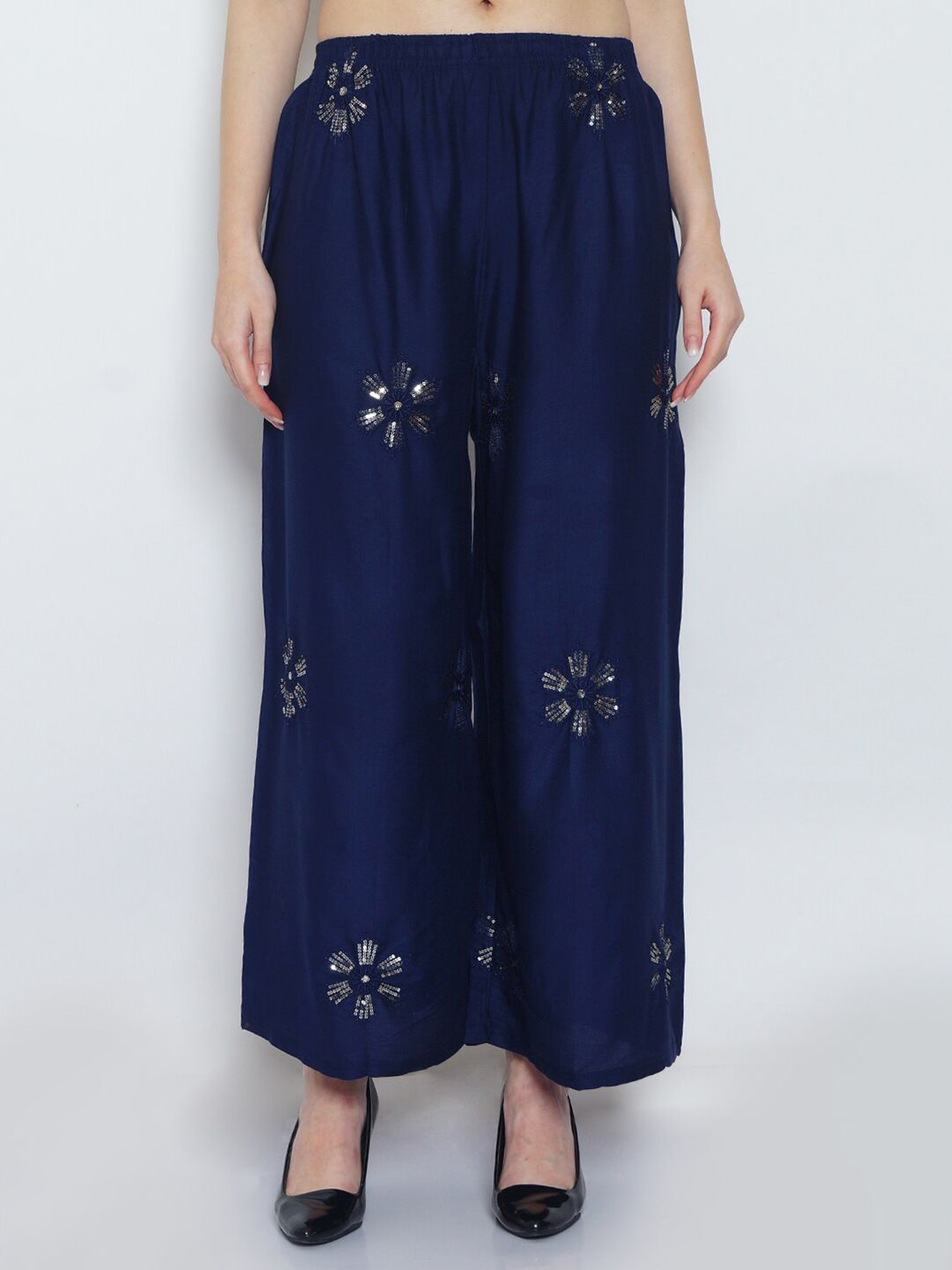 GRACIT Women Navy Blue & Gold-Toned Floral Embroidered Knitted Ethnic Palazzos Price in India