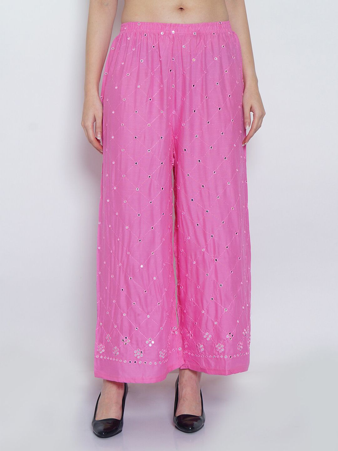 GRACIT Women Pink Embroidered Knitted Ethnic Palazzos Price in India