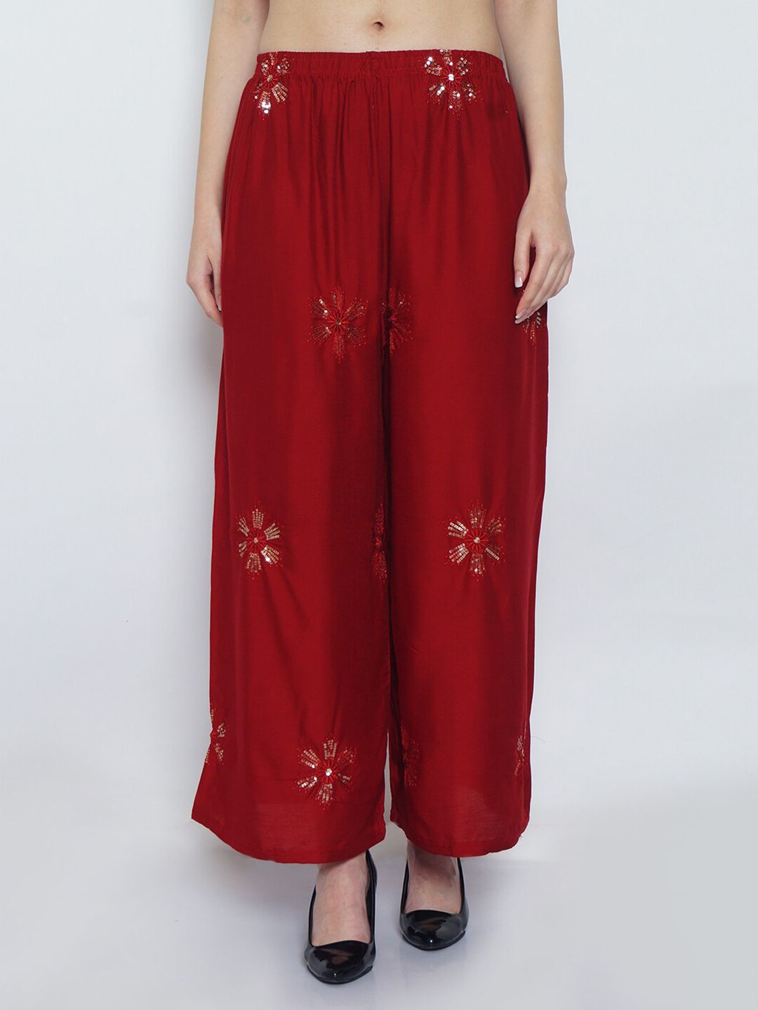 GRACIT Women Maroon & Gold-Toned Ethnic Motifs Embroidered Palazzos Price in India