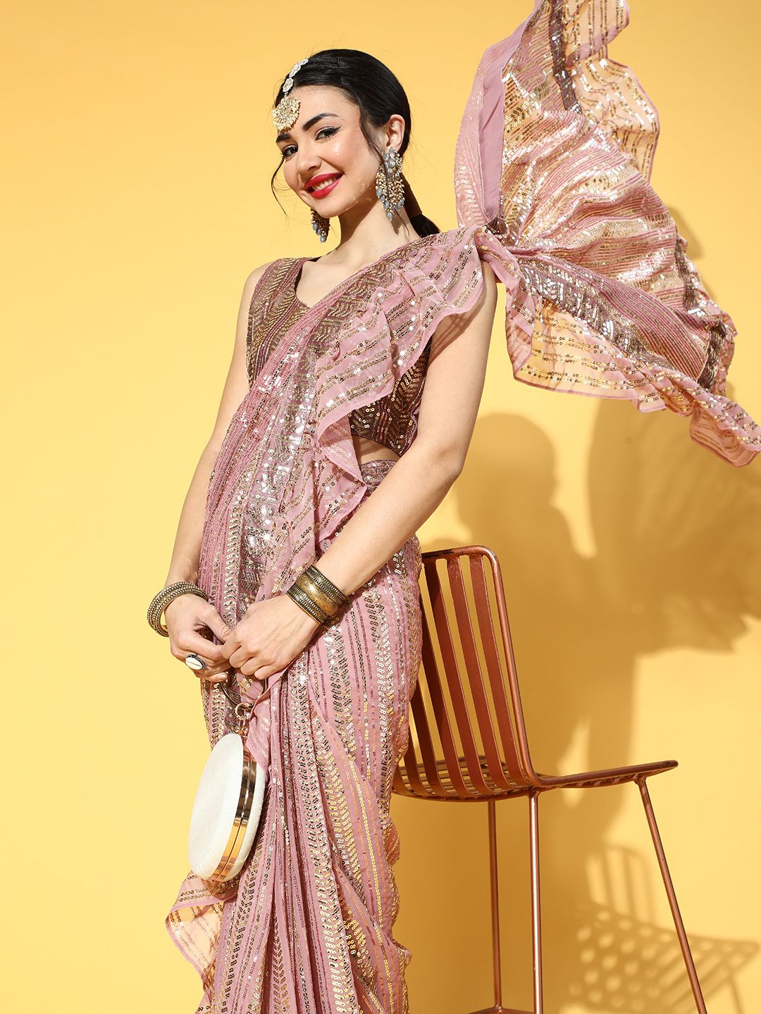 Mitera Pink Pure Georgette Saree with Zari Border Price in India