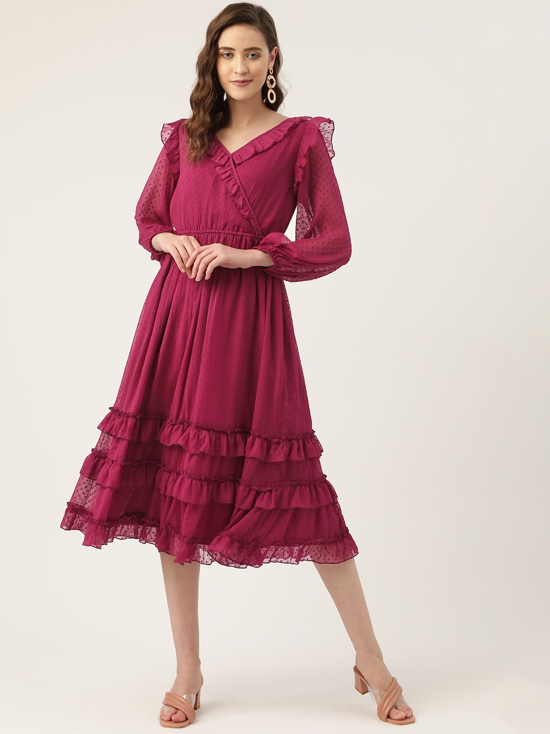 Antheaa Pink Self-Design Chiffon Midi Fit & Flare Dress Price in India