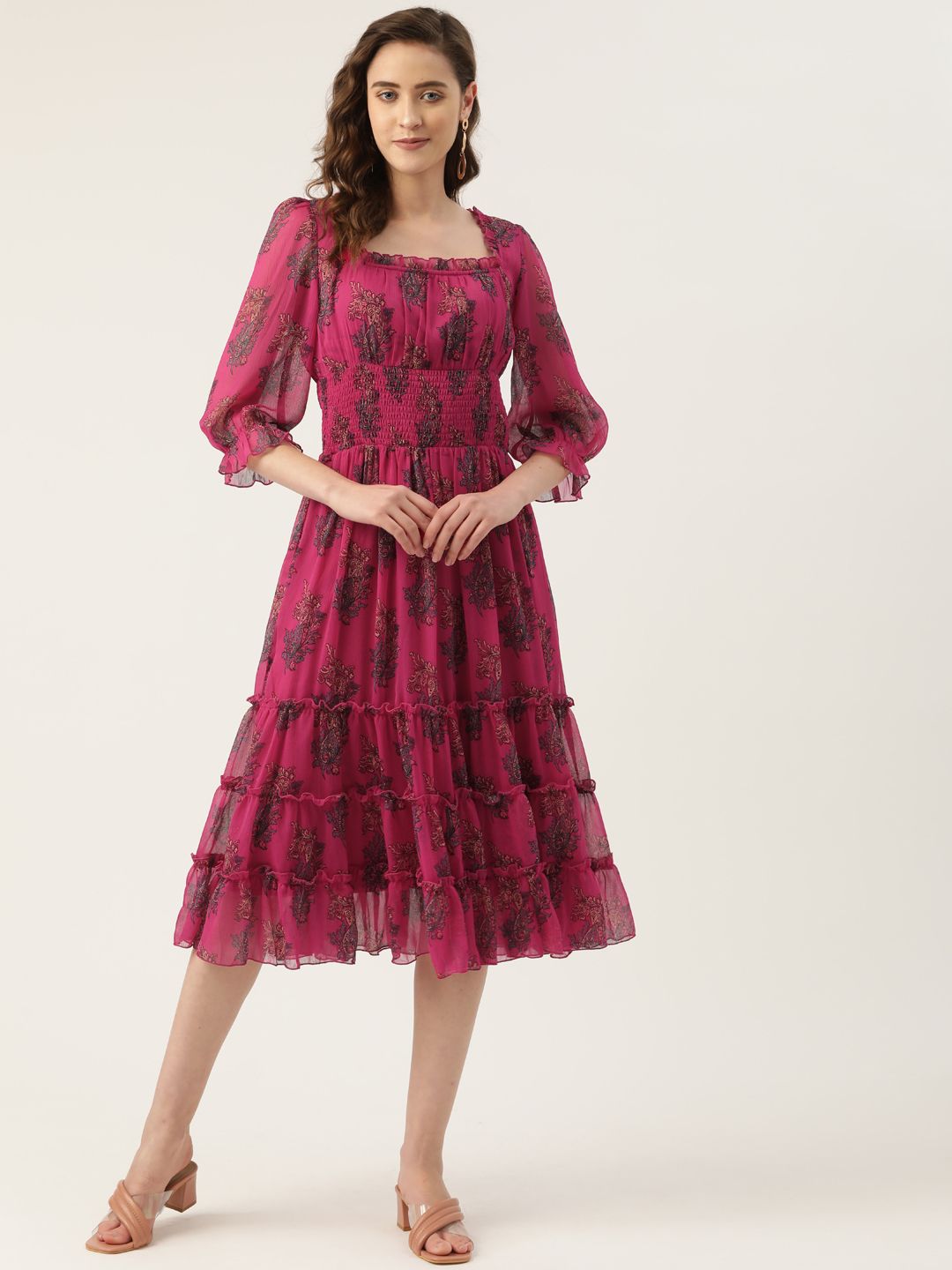 Antheaa Fuchsia Paisley Print Smocked Chiffon Midi Fit & Flare Dress Price in India