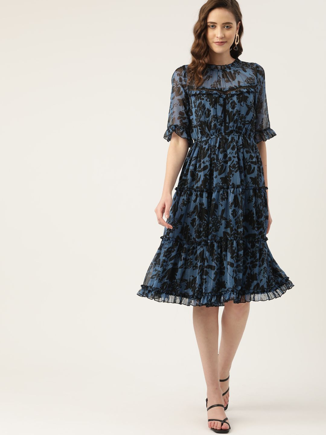 Antheaa Blue & Black Floral Print Chiffon Tiered Dress Price in India