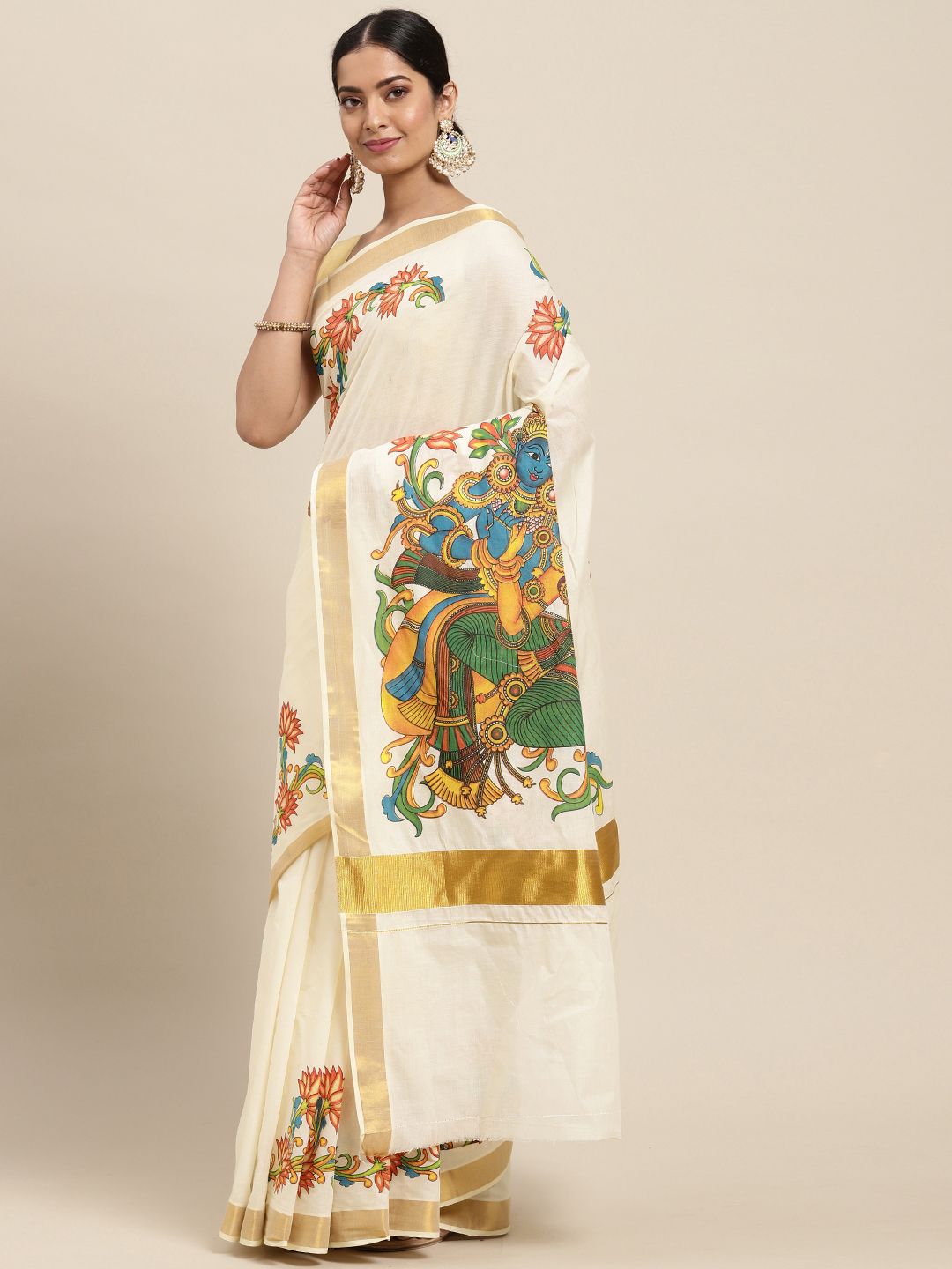 Thara Sarees Women Off White & Golden Ethnic Motifs Zari Pure Cotton Kasavu Saree