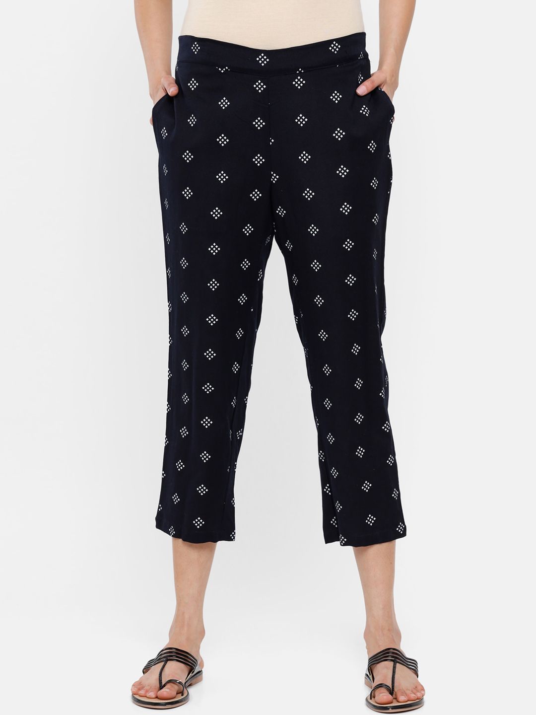 De Moza Women Navy Blue Printed Trousers Price in India