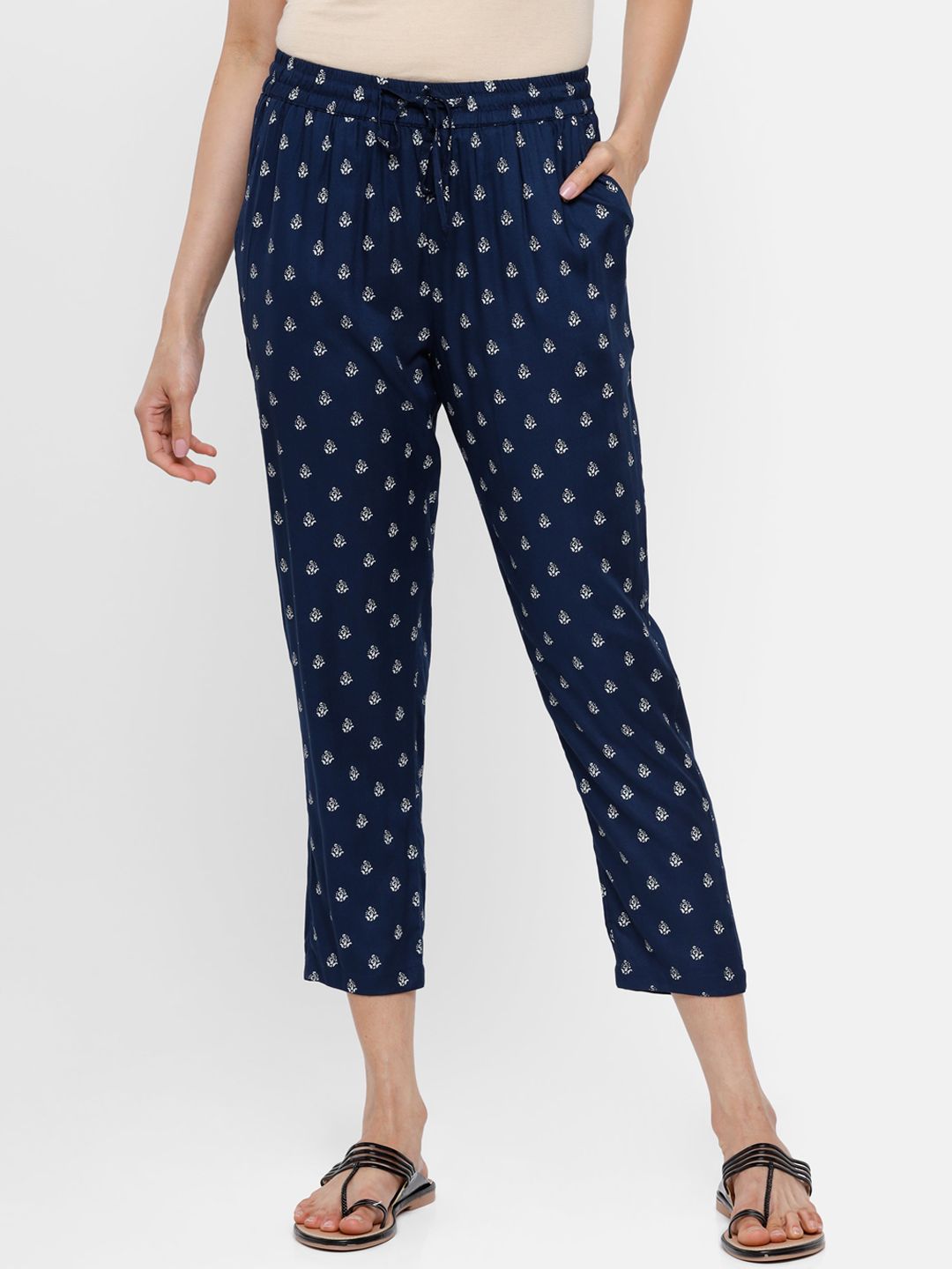 De Moza Women Blue Printed Trousers Price in India