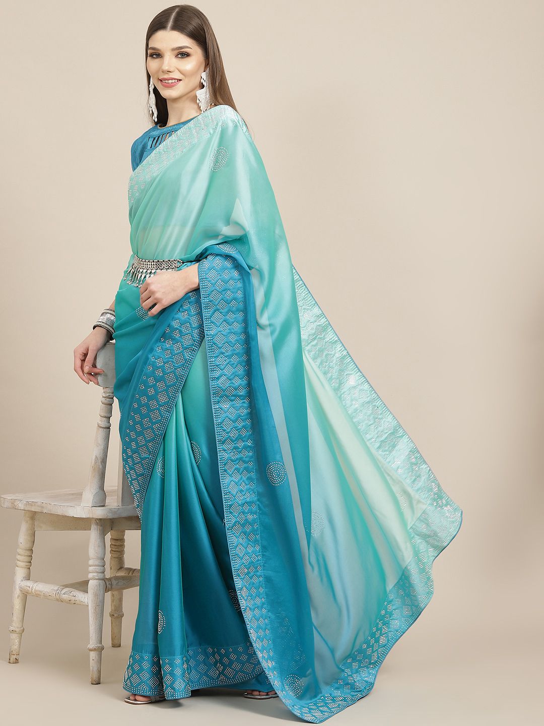 Mitera Blue Sequinned Two-Tone Shade Bomkai Silk Saree Price in India