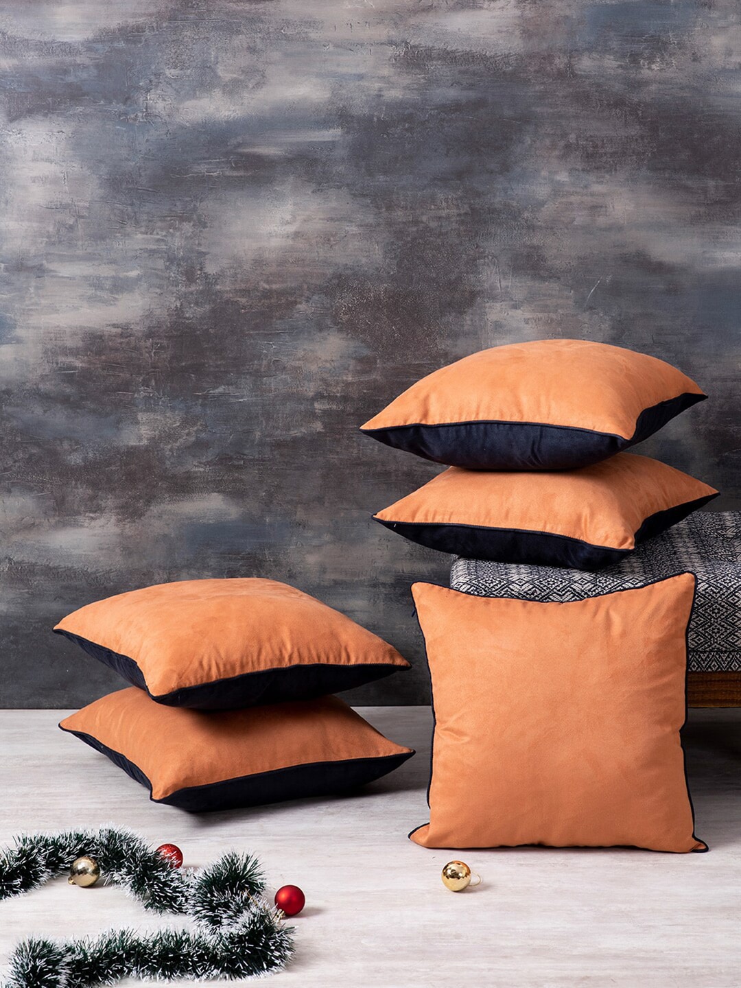 nestroots Orange & Navy Blue Set of 5 Square Cushion Covers Price in India