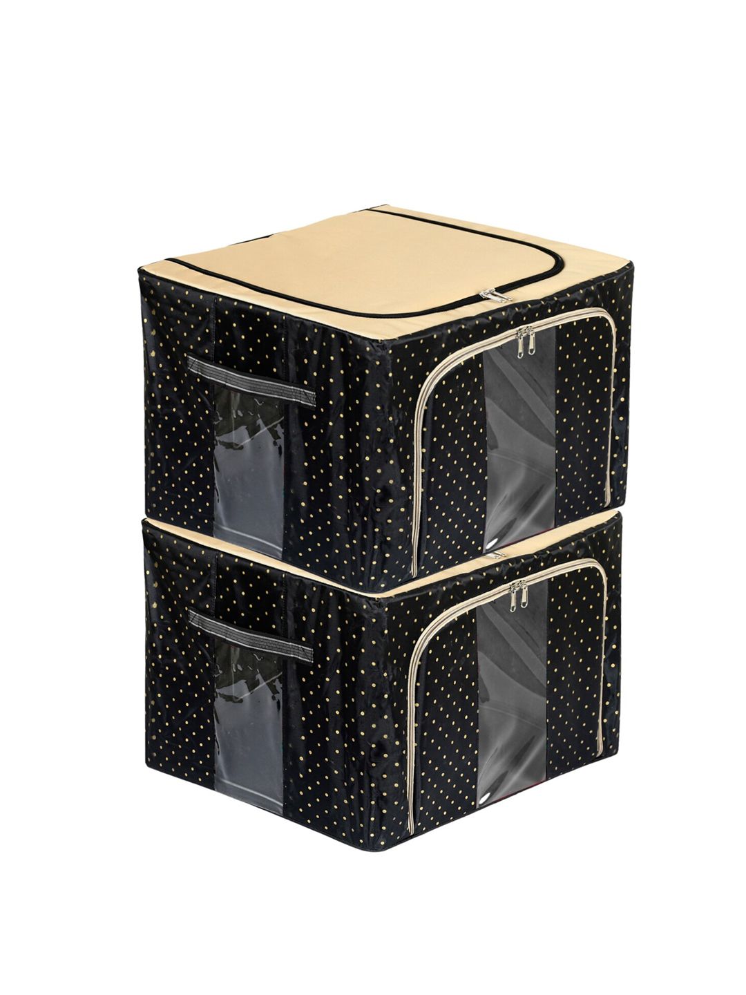 Kuber Industries Set Of 2 Black & Beige Polka Dot Wardrobe Organizers Price in India