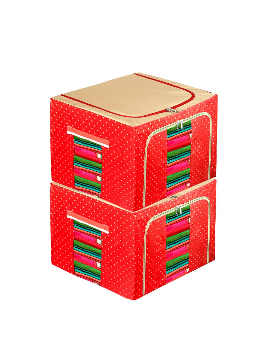 Kuber Industries Set Of 2 Red & Beige Polka Dot Wardrobe Organizer Price in India