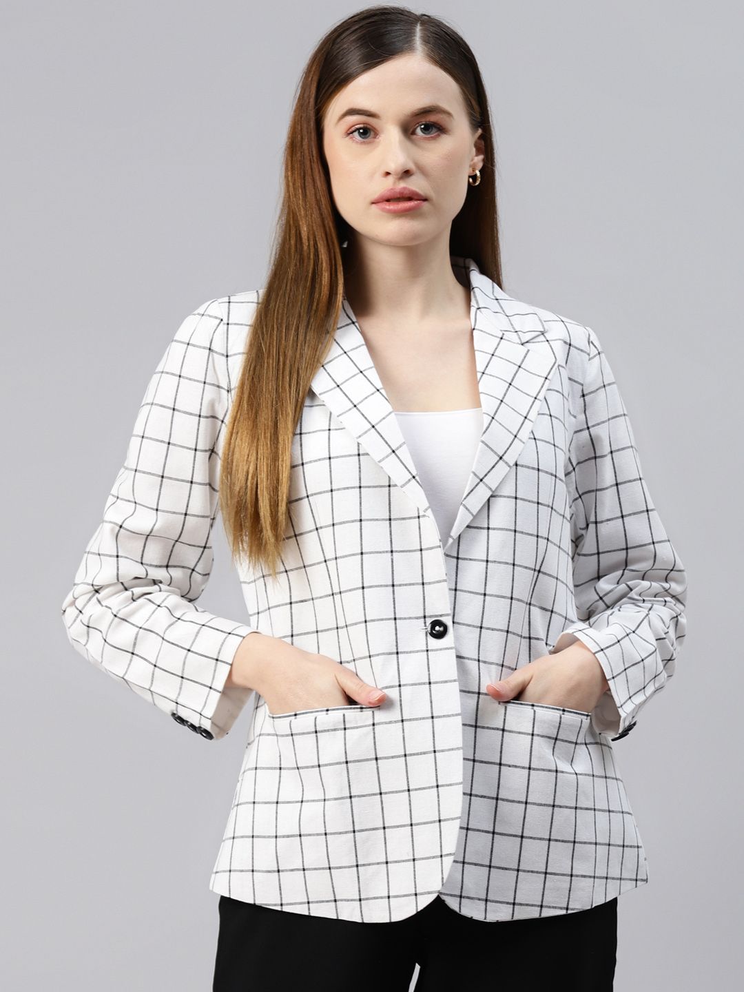 Cottinfab Women White Checked Open Front Formal Blazer Price in India