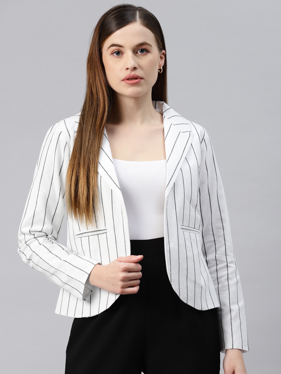 Cottinfab Women White Striped Open Front Formal Blazer Price in India