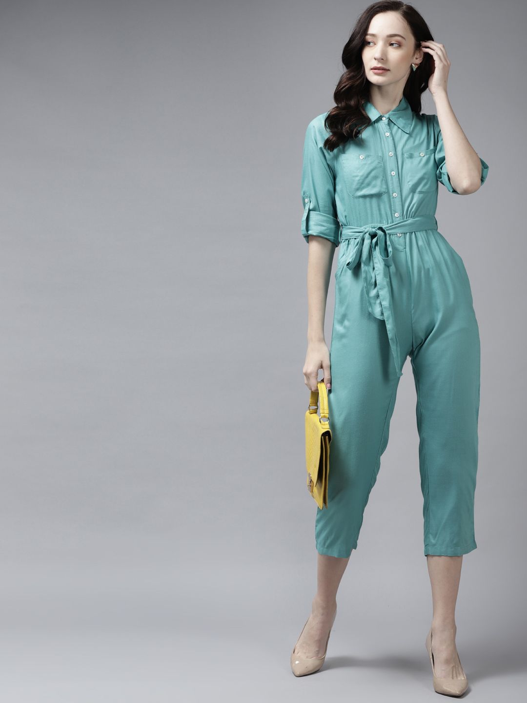 The Dry State Turquoise Blue Shirt Collar Basic Jumpsuit Price in India
