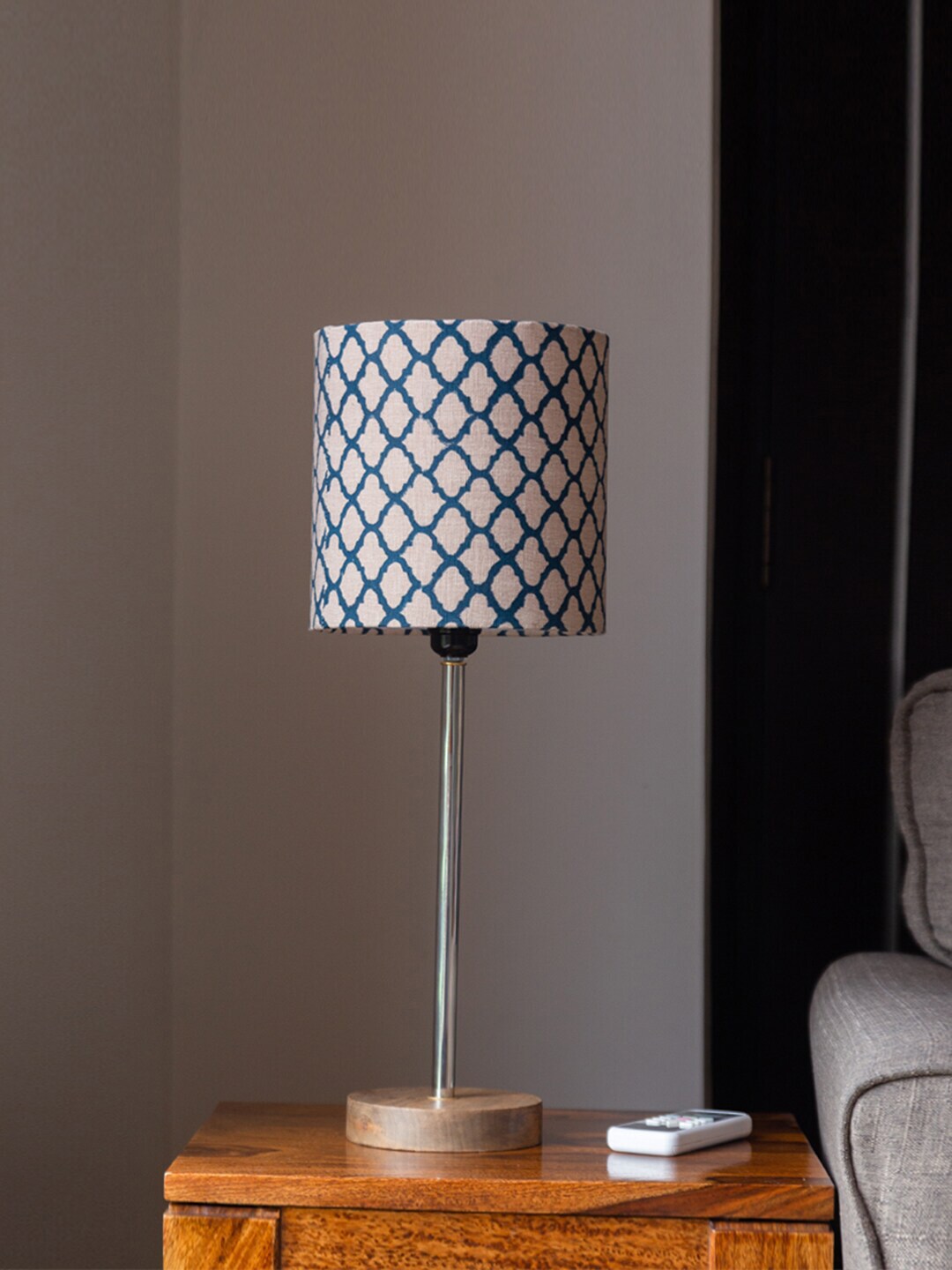 ExclusiveLane Beige & Navy Blue Mango Wooden Table Lamp With Shade Price in India