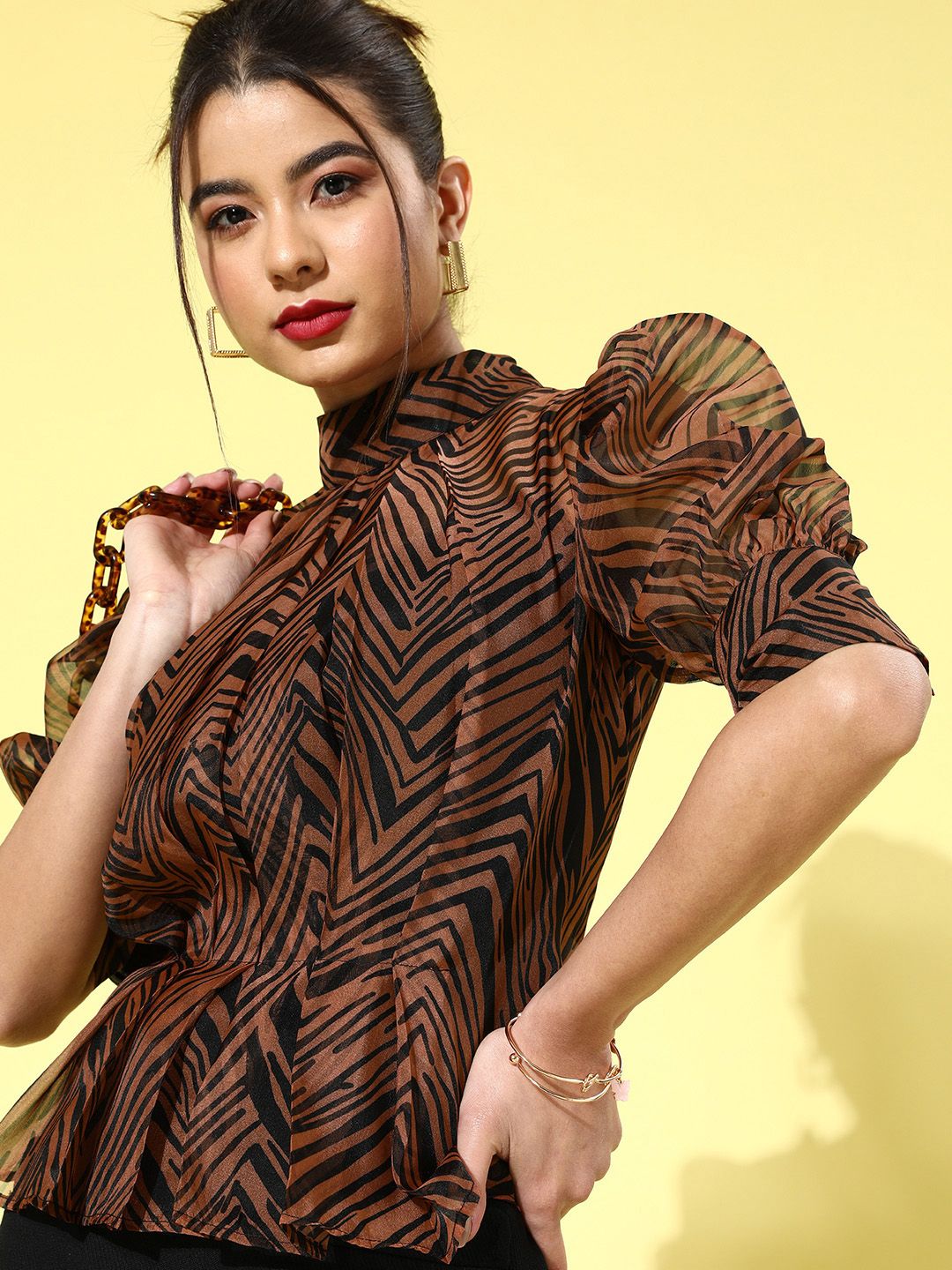 KASSUALLY Women Chic Rust Animal Puff Sleeves Top Price in India