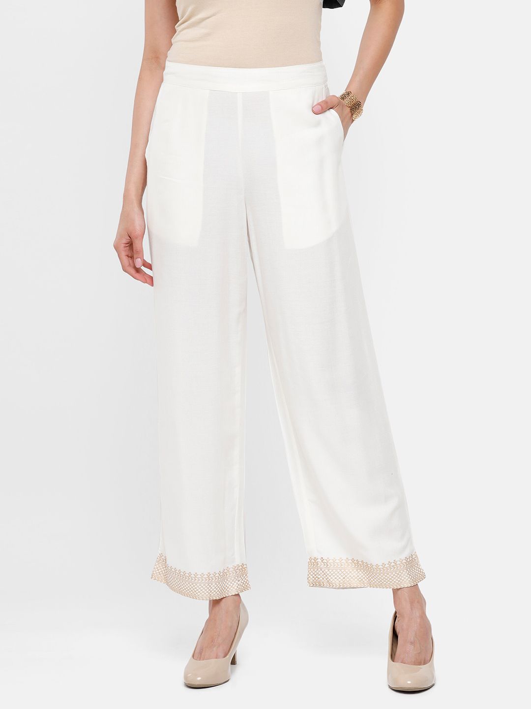 De Moza Women Off White Solid With Woven Design Border Palazzo Pants Price in India