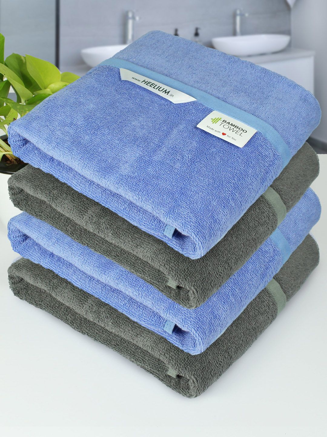 Heelium Blue & Grey Pack of 4 Solid 400 GSM Bath Towel Price in India