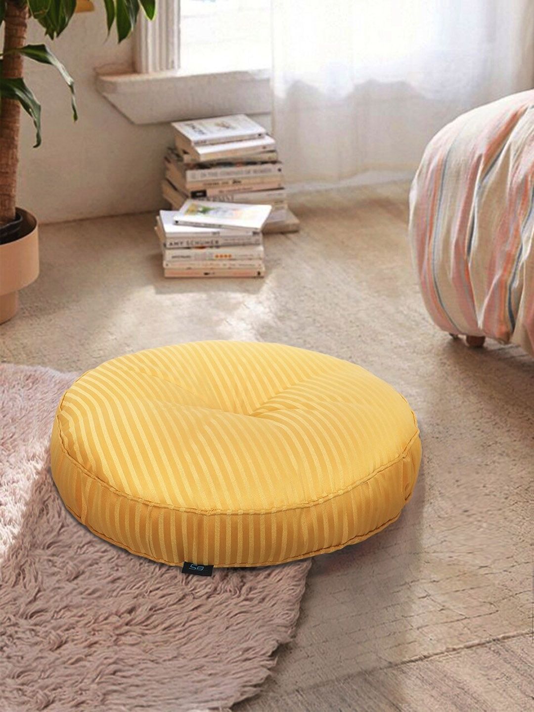 S9home by Seasons Yellow Striped Denim Polyester Round Floor Cushion Price in India