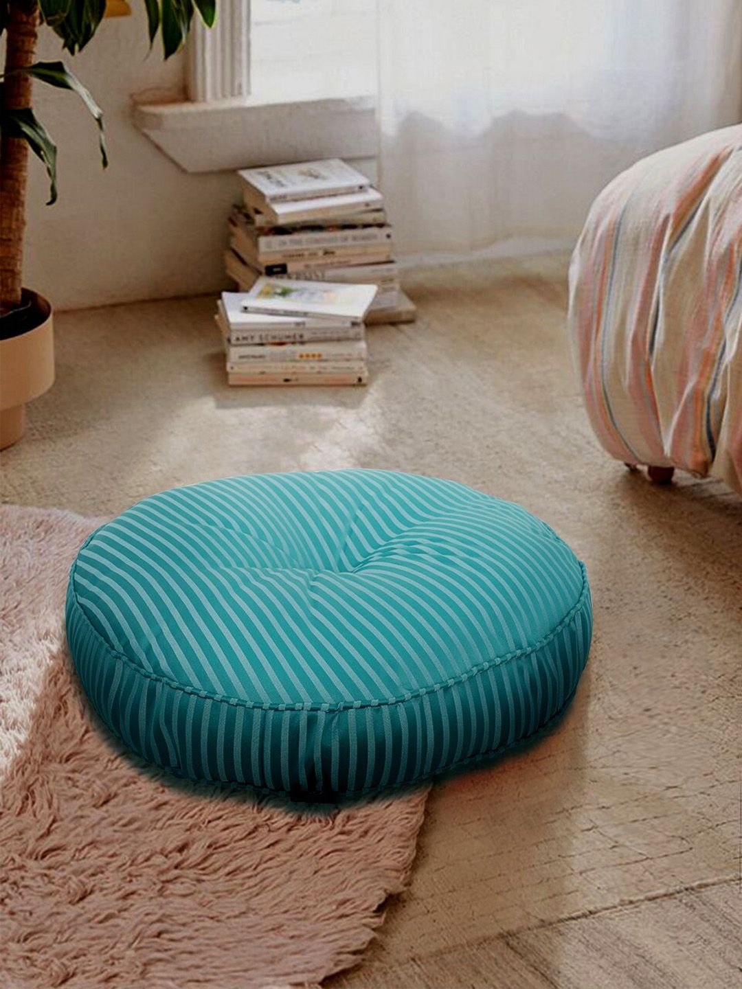S9home by Seasons Turquoise Blue Striped Polyester Round Floor Cushion Price in India