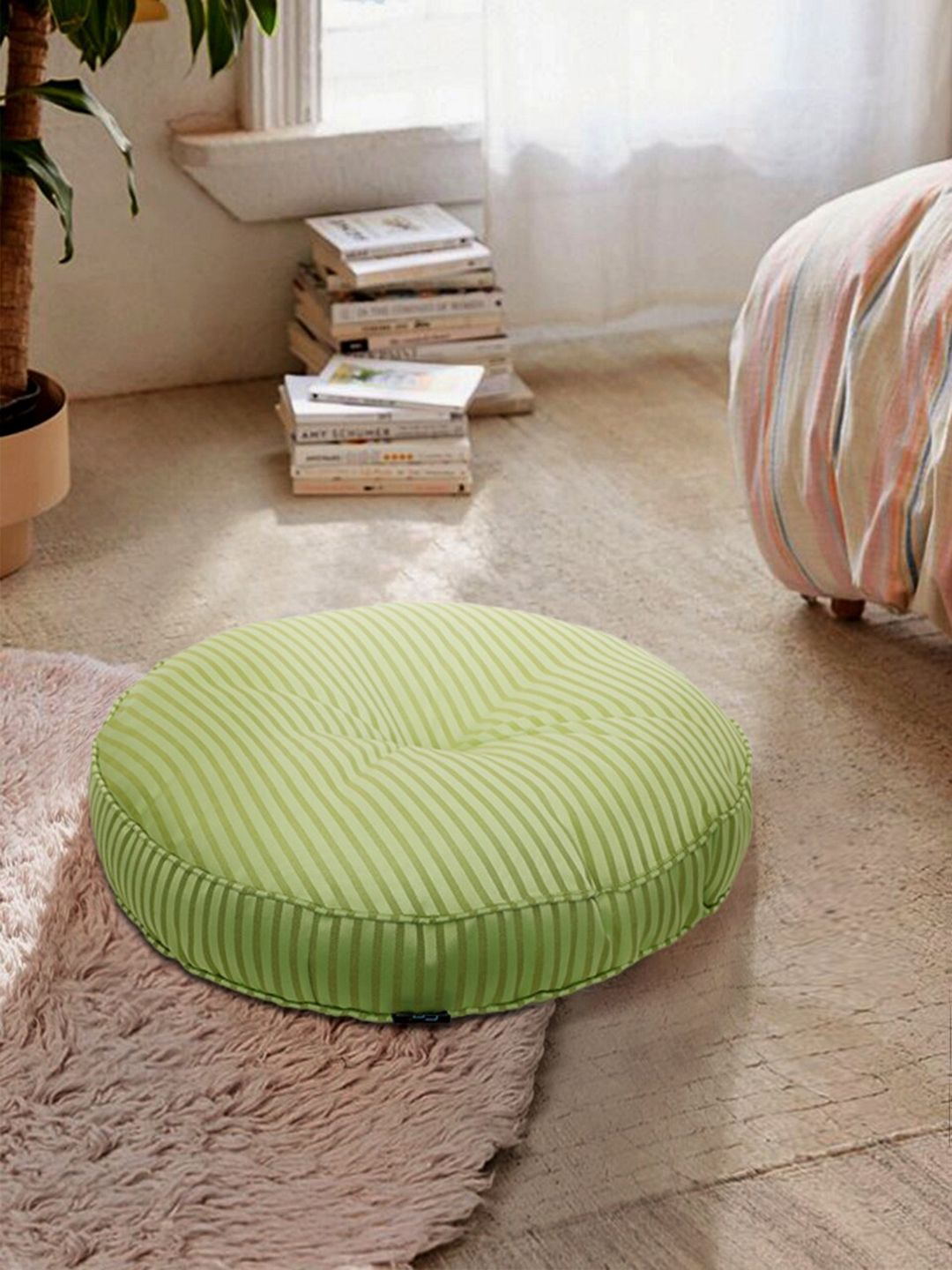 S9home by Seasons Green Striped Polyester Round Floor Cushion Price in India
