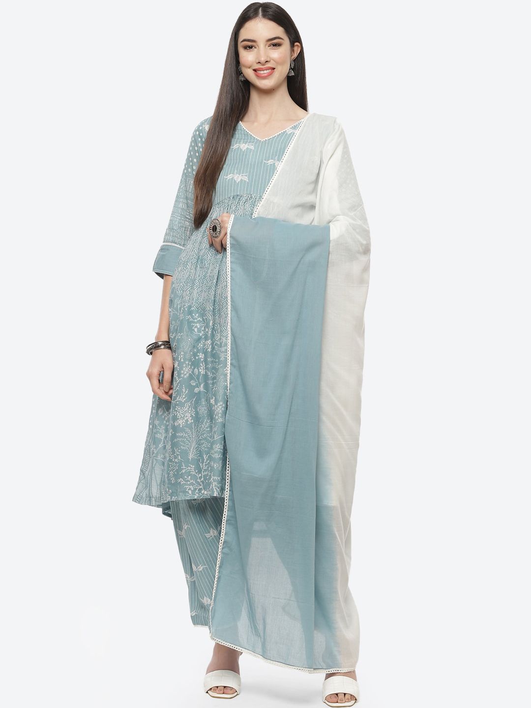 Biba Women Blue Printed Panelled Kurta with Patiala & Dupatta Price in India