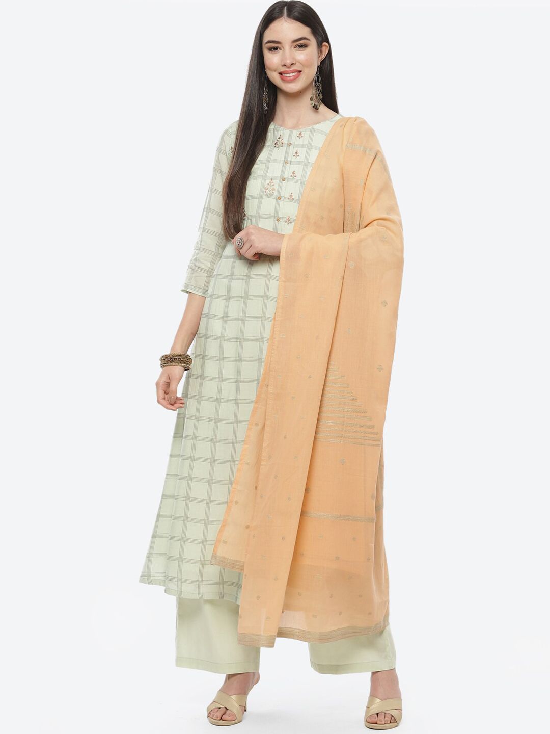 Biba Green & Peach-Coloured Embroidered Pure Cotton Unstitched Dress Material Price in India