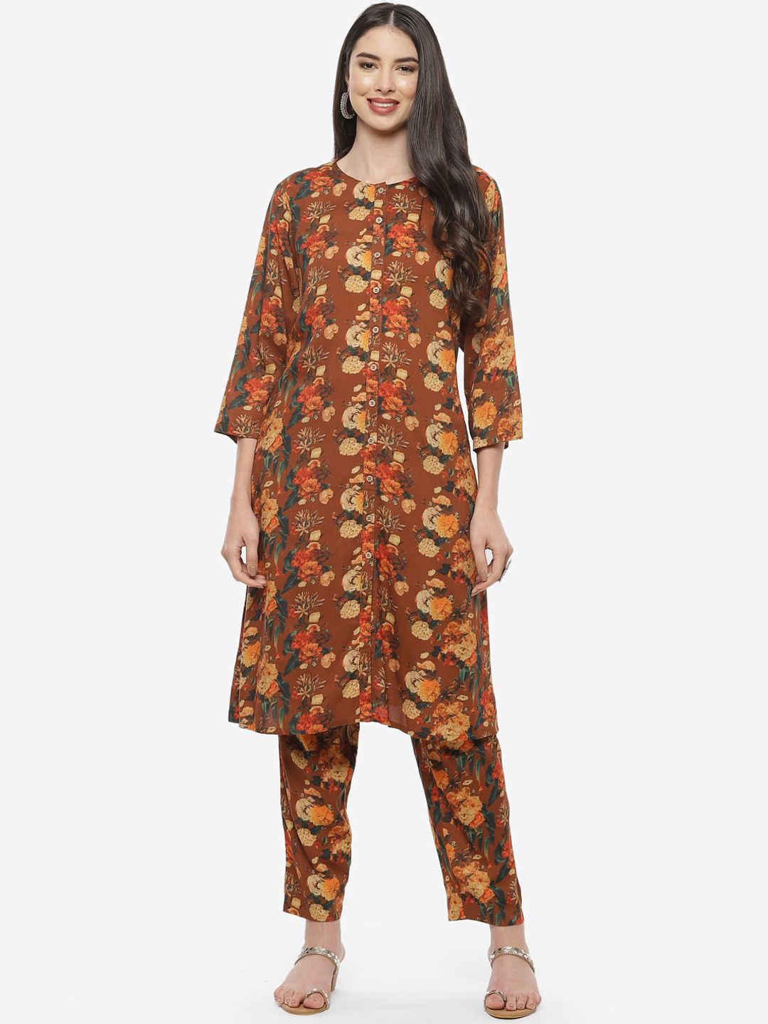 Biba Women Brown Floral Printed Kurta with Trousers Price in India