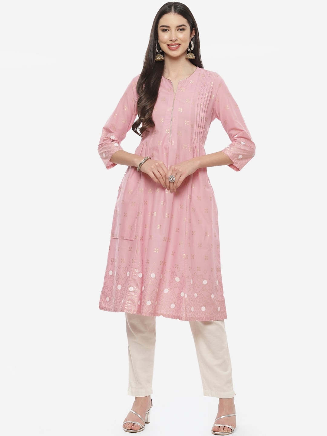 Biba Women Pink Embellished A-Line Kurta Price in India